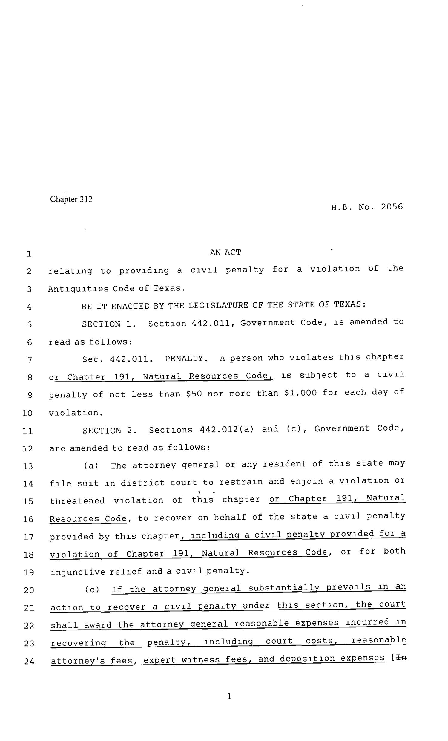 80th Texas Legislature, Regular Session, House Bill 2056, Chapter 312
                                                
                                                    [Sequence #]: 1 of 3
                                                