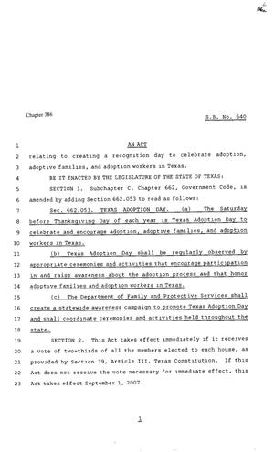 Primary view of object titled '80th Texas Legislature, Regular Session, Senate Bill 640, Chapter 386'.