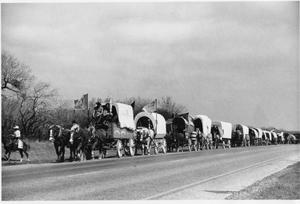Primary view of object titled 'Texas Sesquicentennial Wagon Train on the Way from Sinton to Robstown'.