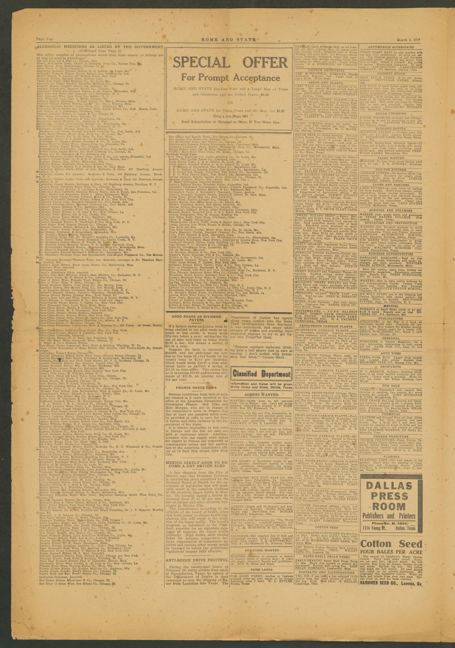 Home and State (Dallas, Tex.), Vol. 20, No. 18, Ed. 1 Saturday, March 1, 1919
                                                
                                                    [Sequence #]: 2 of 4
                                                
