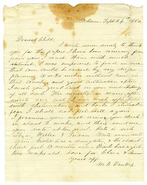 Primary view of object titled '[Letter from Maud C. Fentress to David Fentress, September 24, 1860]'.