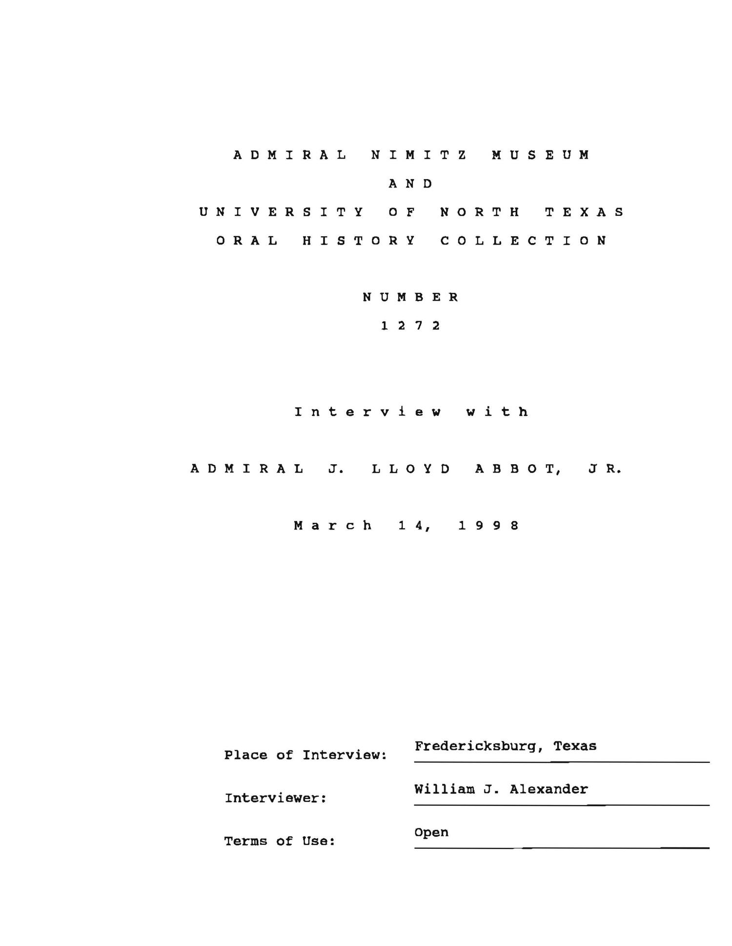 Oral History Interview with J. Lloyd Abbot, March 14, 1998
                                                
                                                    Title Page
                                                