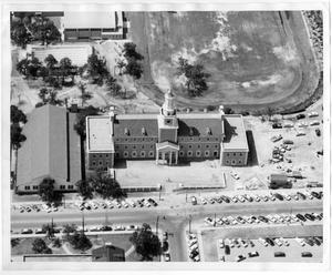 Primary view of object titled '[Aerial Photograph of the North Texas State College Administration Building, around 1956]'.