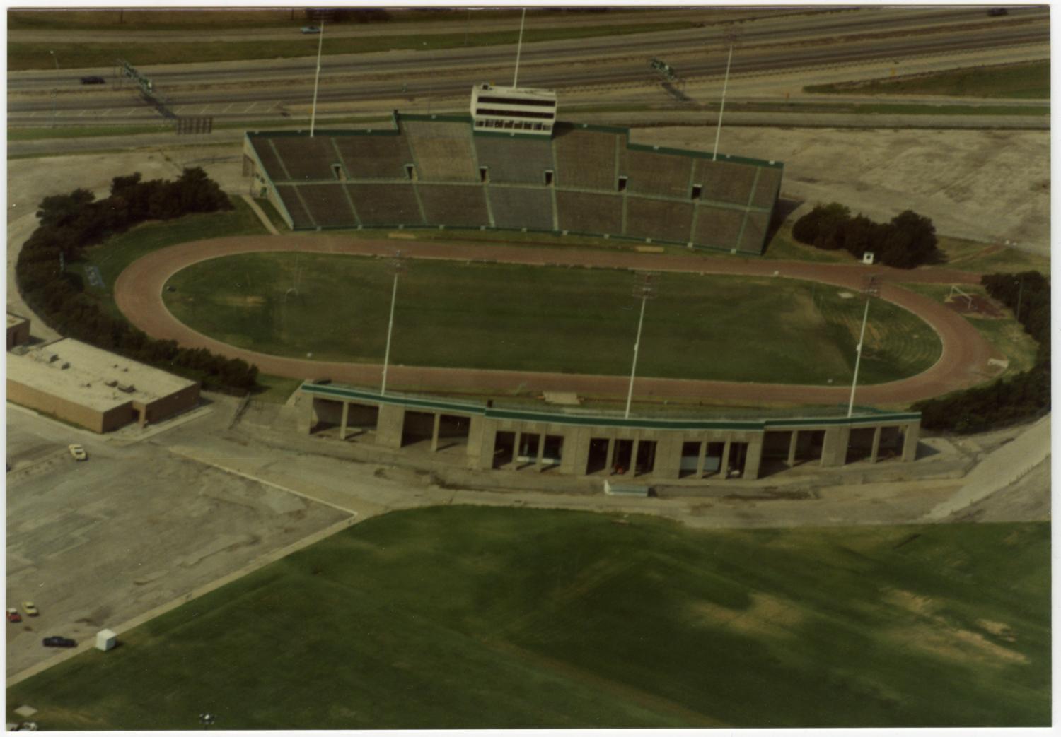 [Aerial Photograph of North Texas State University, Fouts Field Stadium]
                                                
                                                    [Sequence #]: 1 of 2
                                                