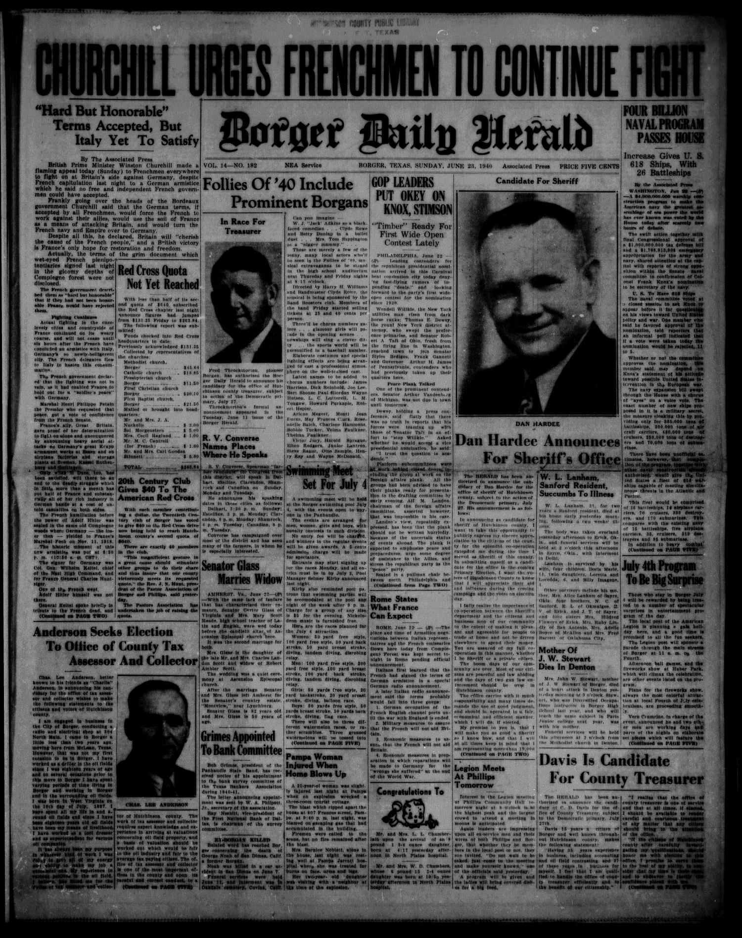 Borger Daily Herald (Borger, Tex.), Vol. 14, No. 182, Ed. 1 Sunday, June 23, 1940
                                                
                                                    [Sequence #]: 1 of 12
                                                