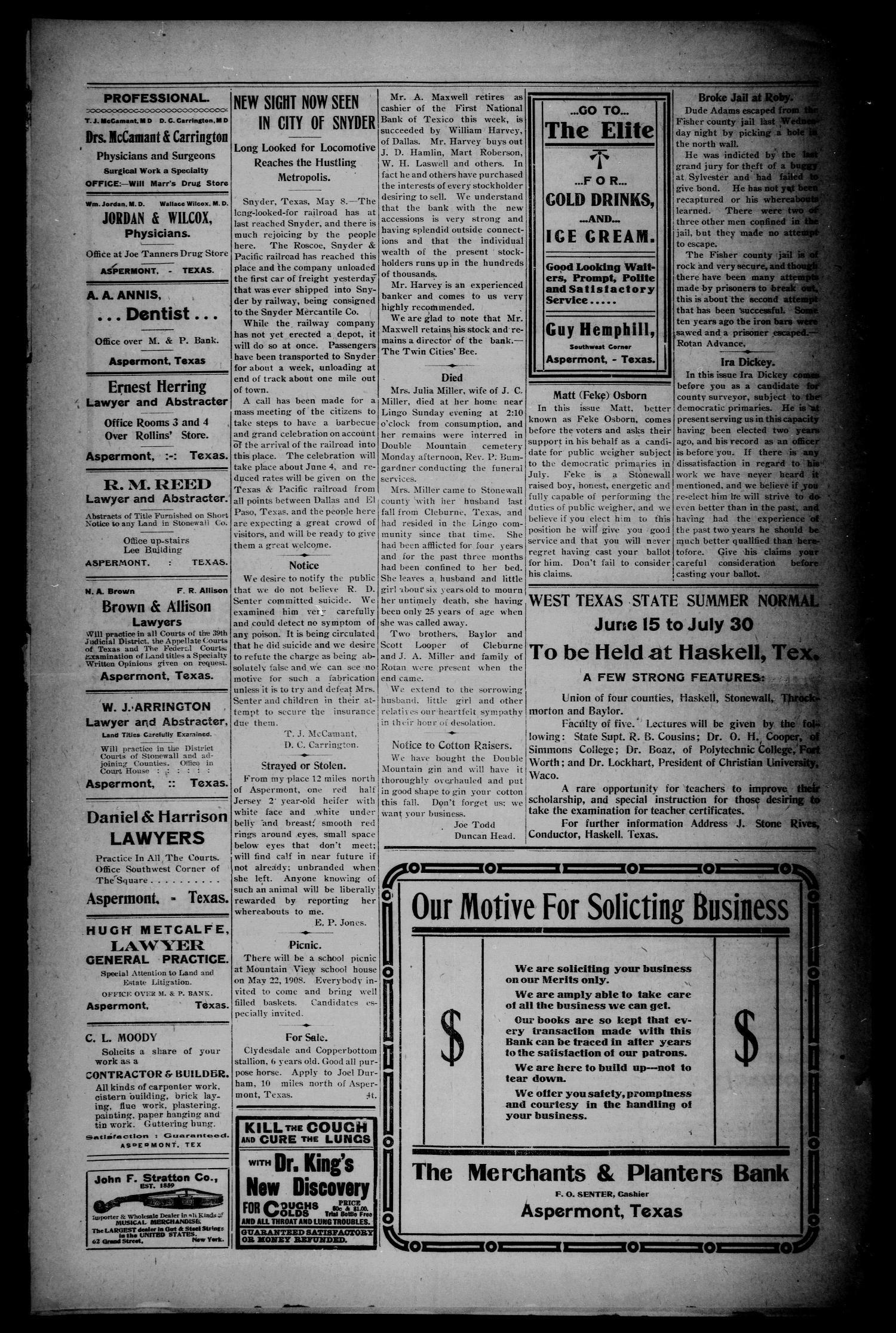 The Aspermont Star (Aspermont, Tex.), Vol. 10, No. 45, Ed. 1 Thursday, May 14, 1908
                                                
                                                    [Sequence #]: 6 of 8
                                                