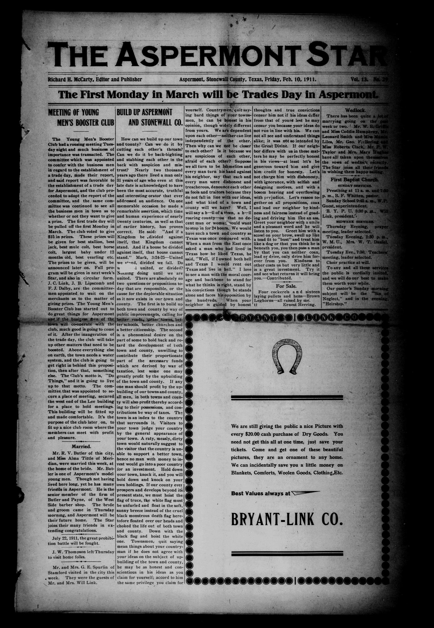 The Aspermont Star (Aspermont, Tex.), Vol. 13, No. 29, Ed. 1 Friday, February 10, 1911
                                                
                                                    [Sequence #]: 1 of 8
                                                