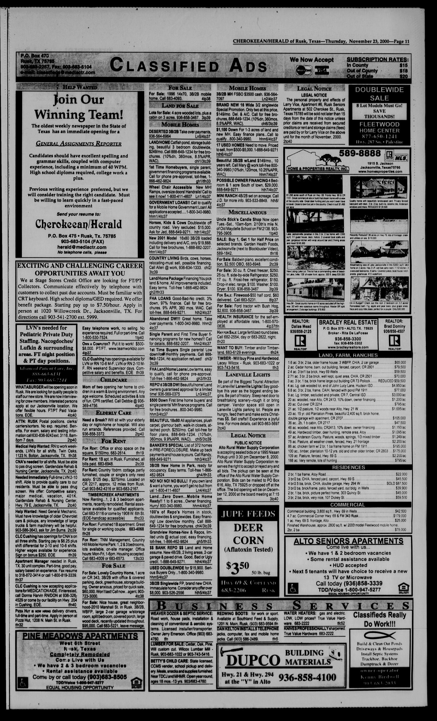 Cherokeean/Herald (Rusk, Tex.), Vol. 151, No. 40, Ed. 1 Thursday, November 23, 2000
                                                
                                                    [Sequence #]: 11 of 14
                                                