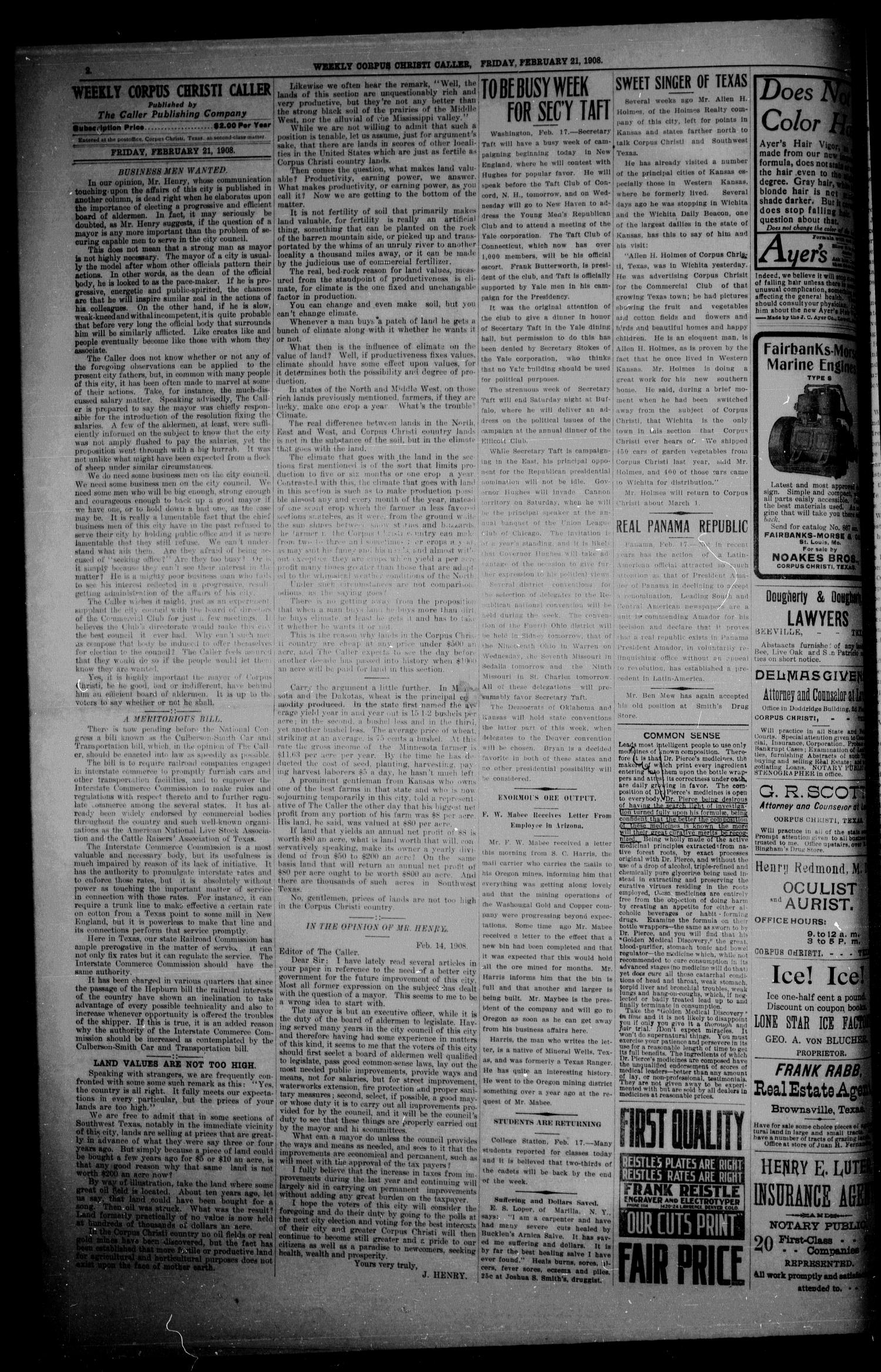 Weekly Corpus Christi Caller (Corpus Christi, Tex.), Vol. 25, No. 9, Ed. 1 Friday, February 21, 1908
                                                
                                                    [Sequence #]: 2 of 8
                                                