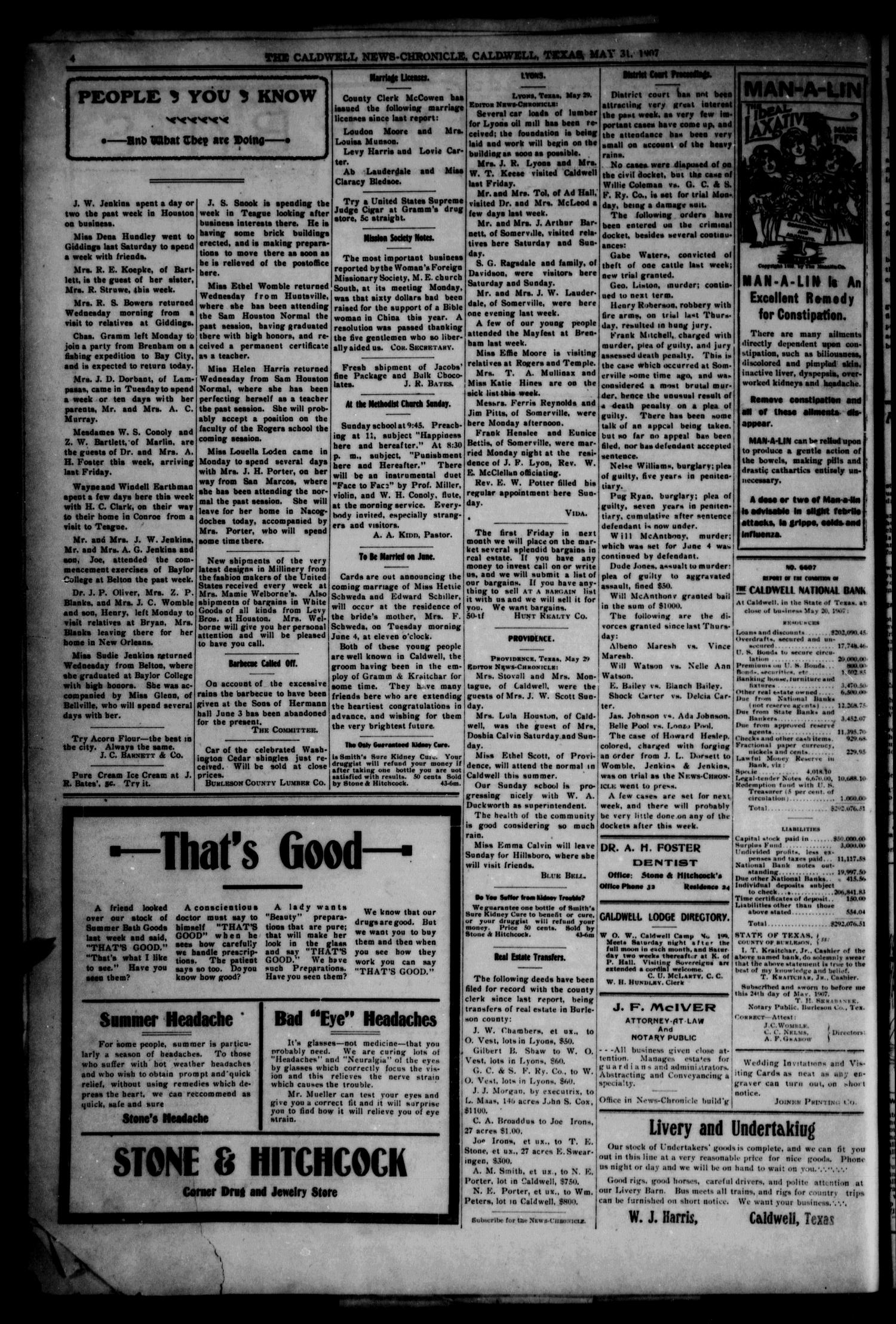 Caldwell News-Chronicle. (Caldwell, Tex.), Vol. 28, No. 2, Ed. 1 Friday, May 31, 1907
                                                
                                                    [Sequence #]: 4 of 8
                                                