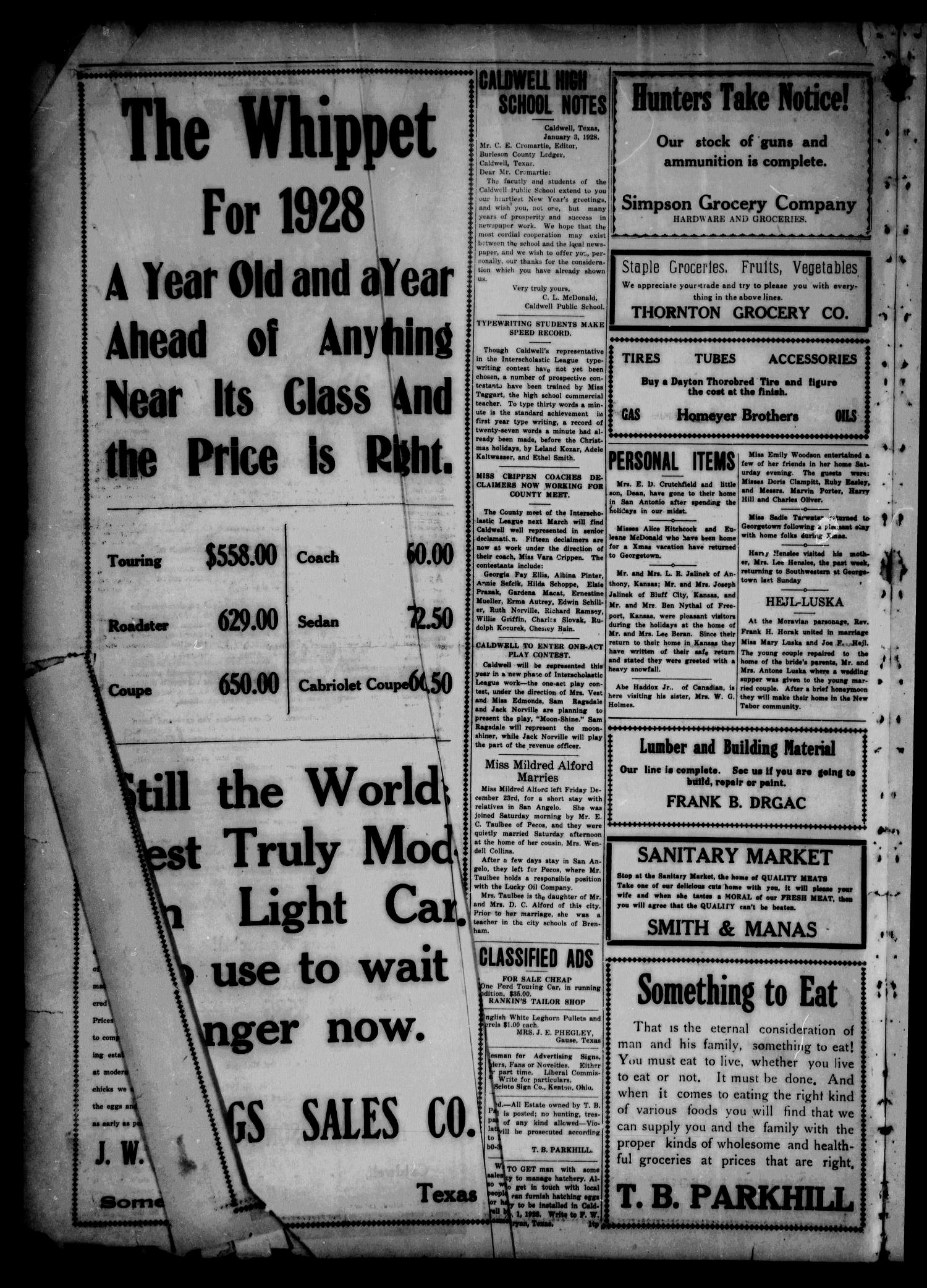 The Caldwell News and The Burleson County Ledger (Caldwell, Tex.), Vol. 48, No. 43, Ed. 1 Friday, January 6, 1928
                                                
                                                    [Sequence #]: 4 of 8
                                                