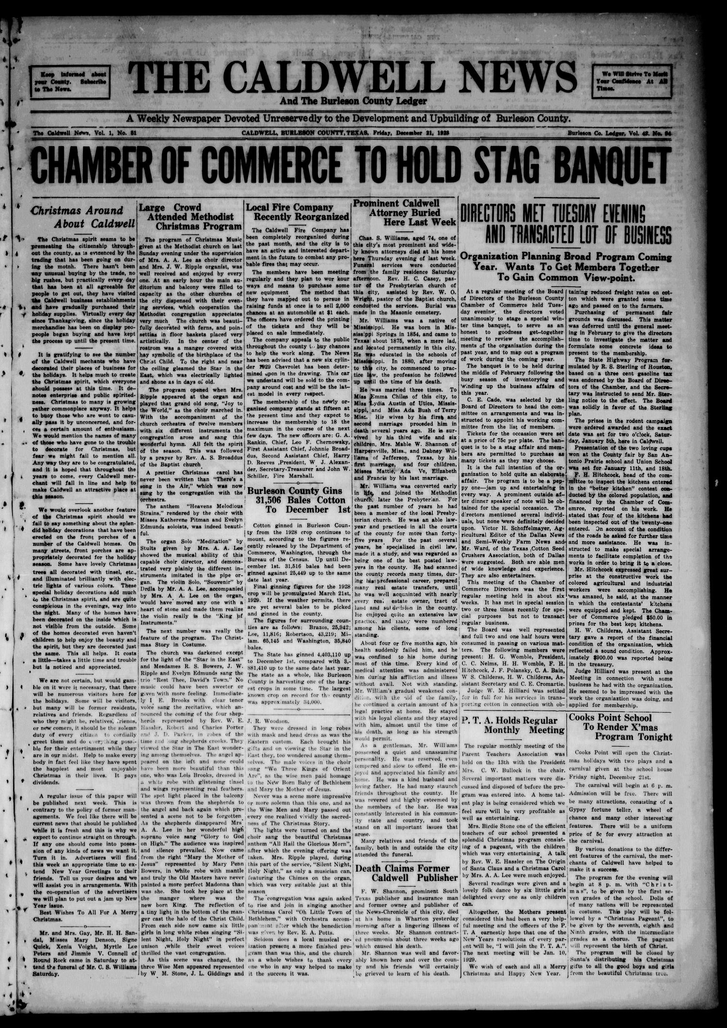The Caldwell News and The Burleson County Ledger (Caldwell, Tex.), Vol. 42, No. 94, Ed. 1 Friday, December 21, 1928
                                                
                                                    [Sequence #]: 1 of 8
                                                