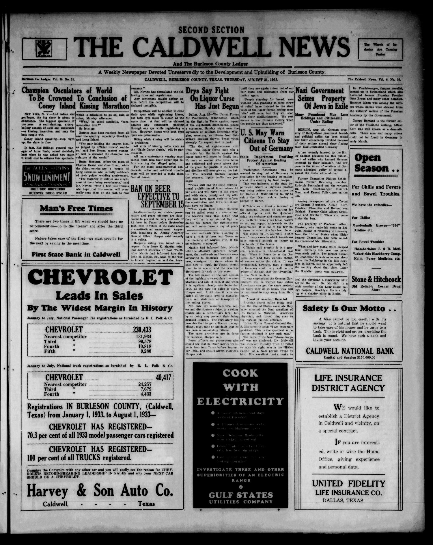The Caldwell News and The Burleson County Ledger (Caldwell, Tex.), Vol. 48, No. 21, Ed. 1 Thursday, August 31, 1933
                                                
                                                    [Sequence #]: 3 of 8
                                                