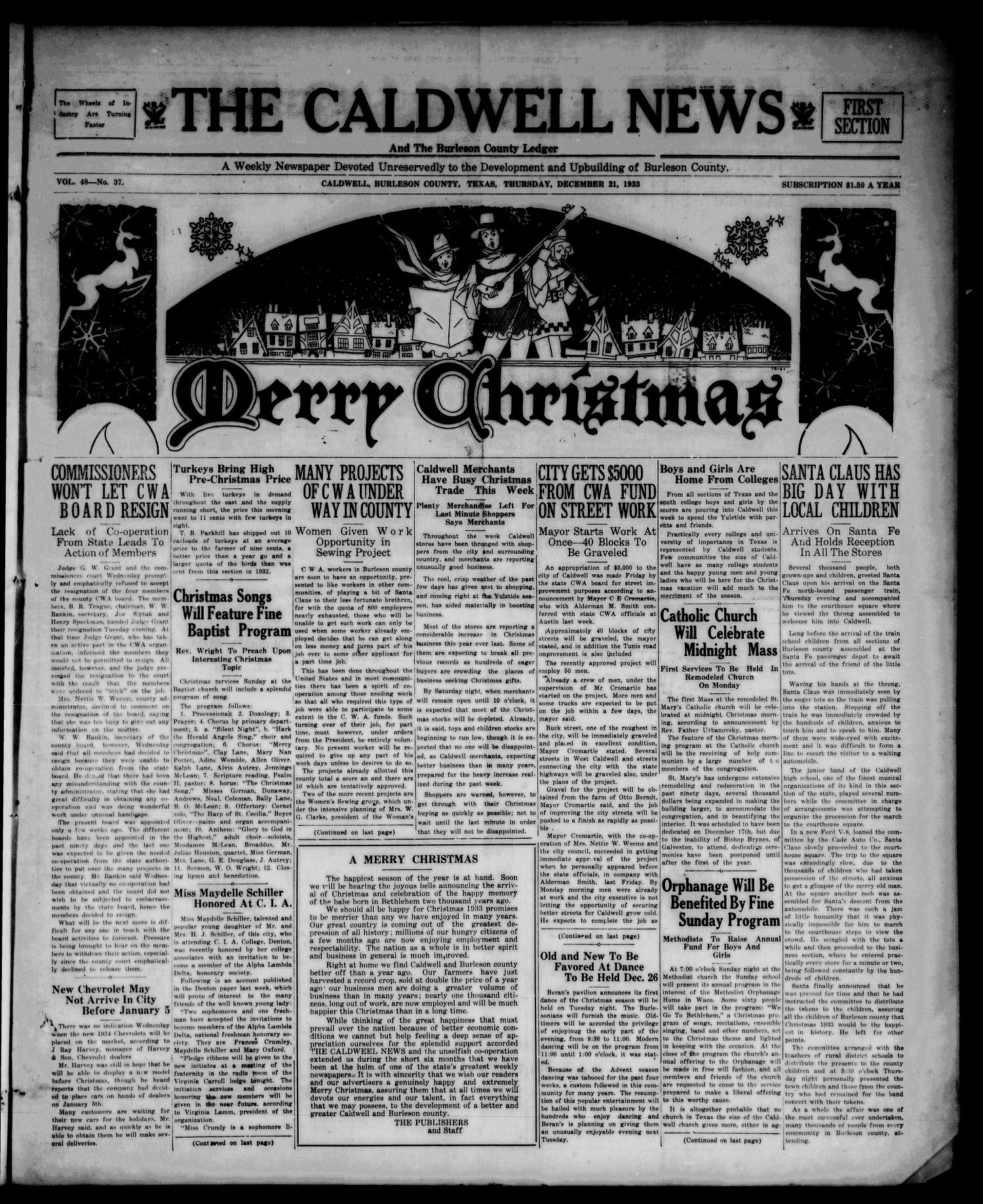 The Caldwell News and The Burleson County Ledger (Caldwell, Tex.), Vol. 48, No. 37, Ed. 1 Thursday, December 21, 1933
                                                
                                                    [Sequence #]: 1 of 8
                                                