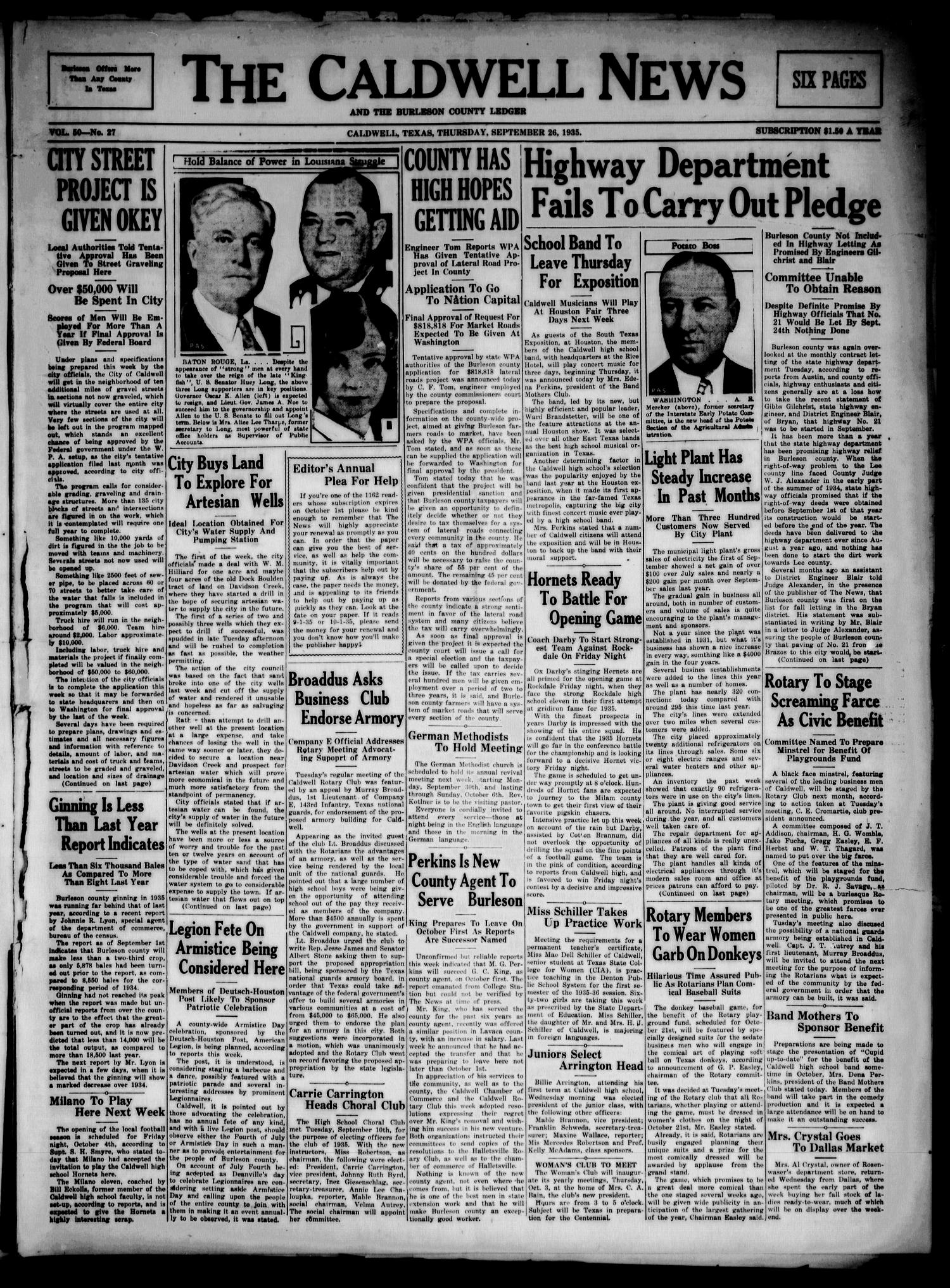 The Caldwell News and The Burleson County Ledger (Caldwell, Tex.), Vol. 50, No. 27, Ed. 1 Thursday, September 26, 1935
                                                
                                                    [Sequence #]: 1 of 6
                                                