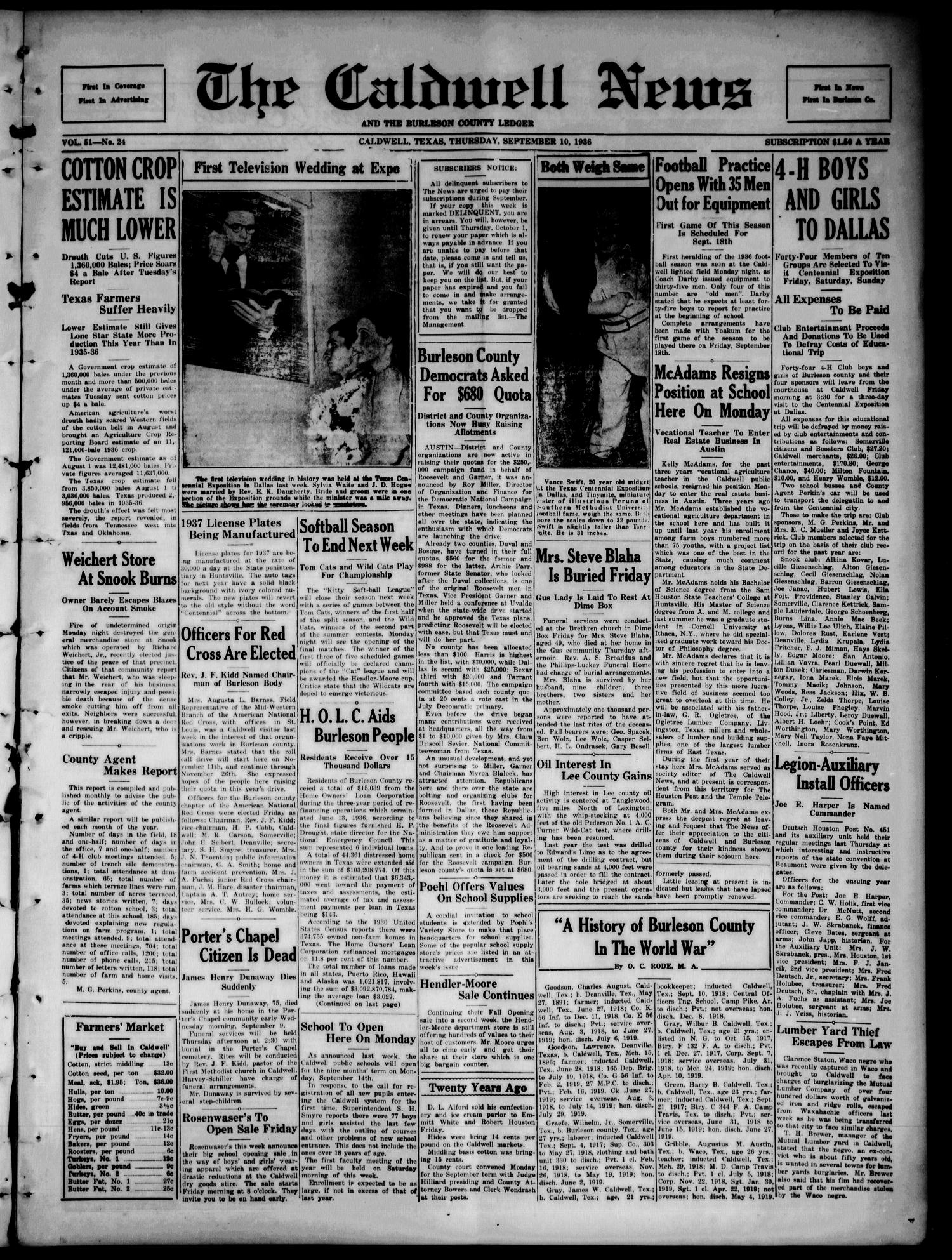 The Caldwell News and The Burleson County Ledger (Caldwell, Tex.), Vol. 51, No. 24, Ed. 1 Thursday, September 10, 1936
                                                
                                                    [Sequence #]: 1 of 10
                                                
