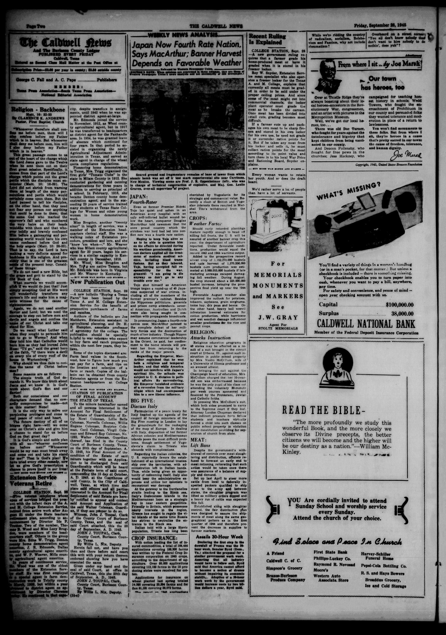 The Caldwell News and The Burleson County Ledger (Caldwell, Tex.), Vol. 59, No. 12, Ed. 1 Friday, September 28, 1945
                                                
                                                    [Sequence #]: 2 of 8
                                                