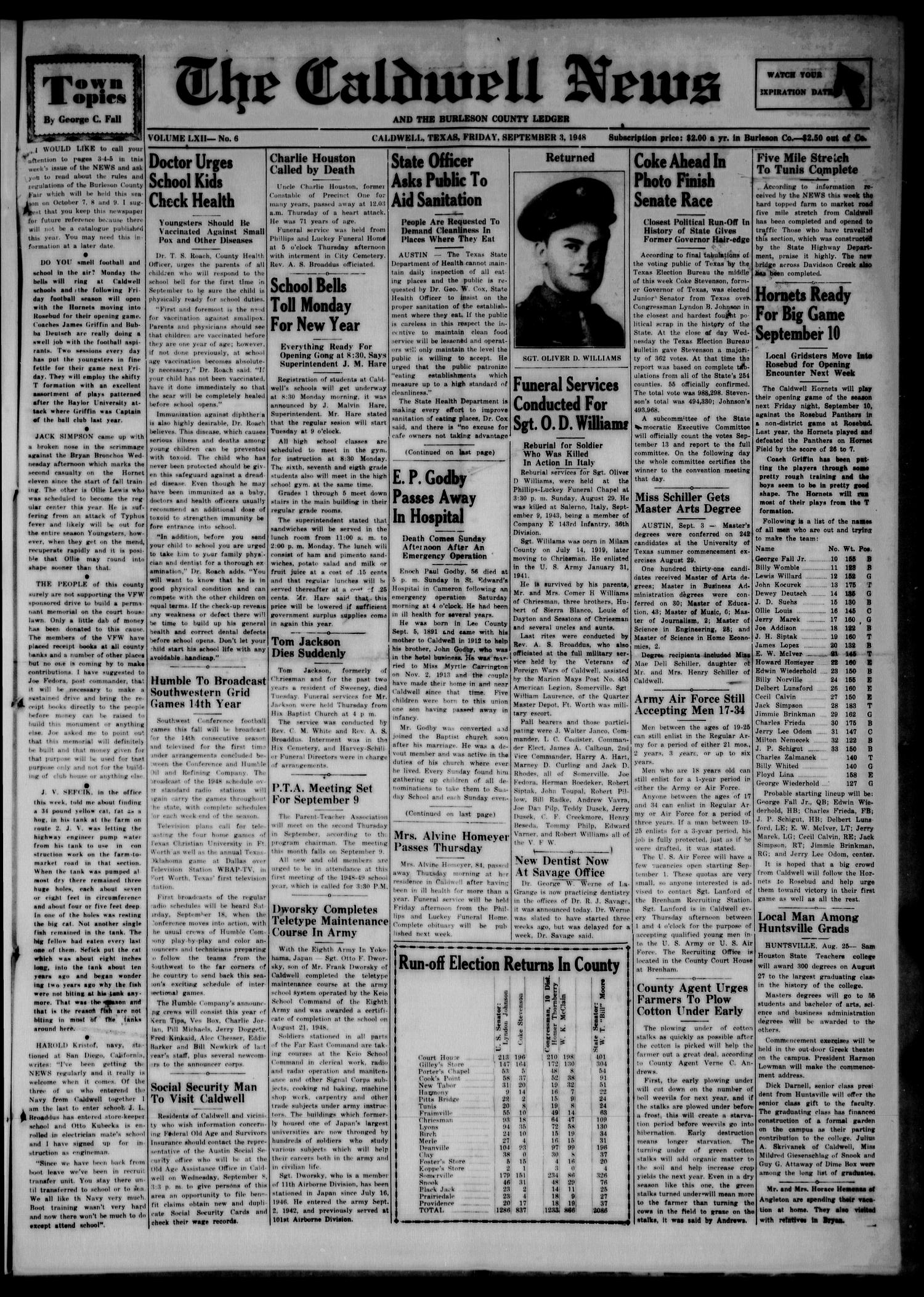 The Caldwell News and The Burleson County Ledger (Caldwell, Tex.), Vol. 62, No. 6, Ed. 1 Friday, September 3, 1948
                                                
                                                    [Sequence #]: 1 of 12
                                                