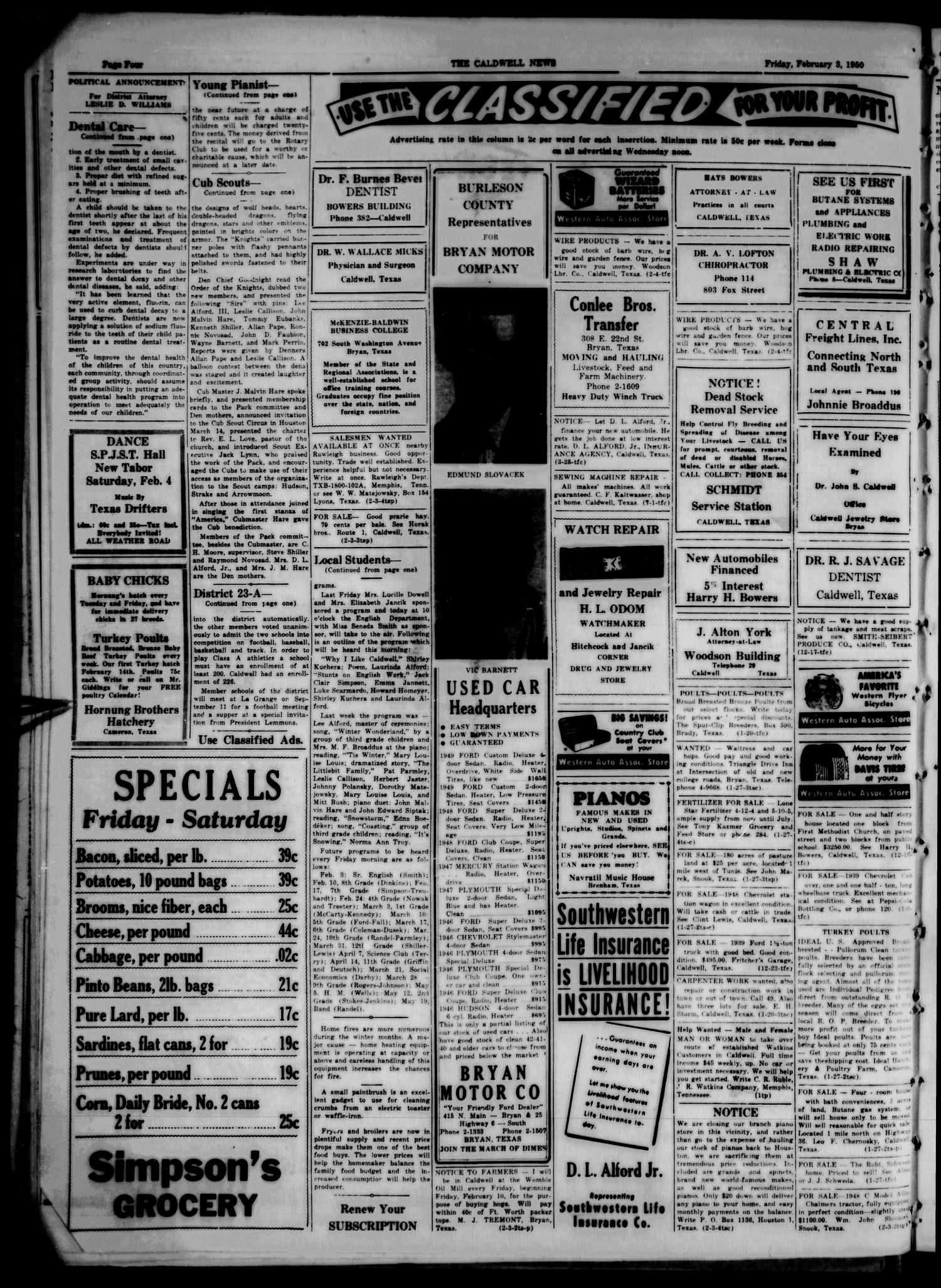 The Caldwell News and The Burleson County Ledger (Caldwell, Tex.), Vol. 63, No. 27, Ed. 1 Friday, February 3, 1950
                                                
                                                    [Sequence #]: 4 of 8
                                                