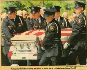 Primary view of object titled '[Arlington Police Officer Terry Lewis's casket carried by the Honor Guard during his funeral, newspaper clipping, 1992]'.