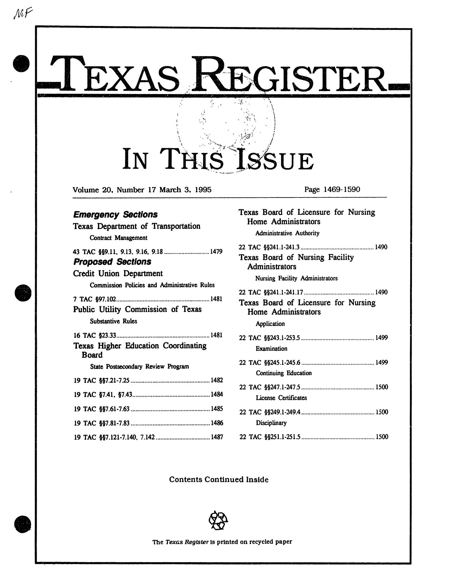 Texas Register, Volume 20, Number 17, Pages 1469-1590, March 3, 1995
                                                
                                                    Title Page
                                                