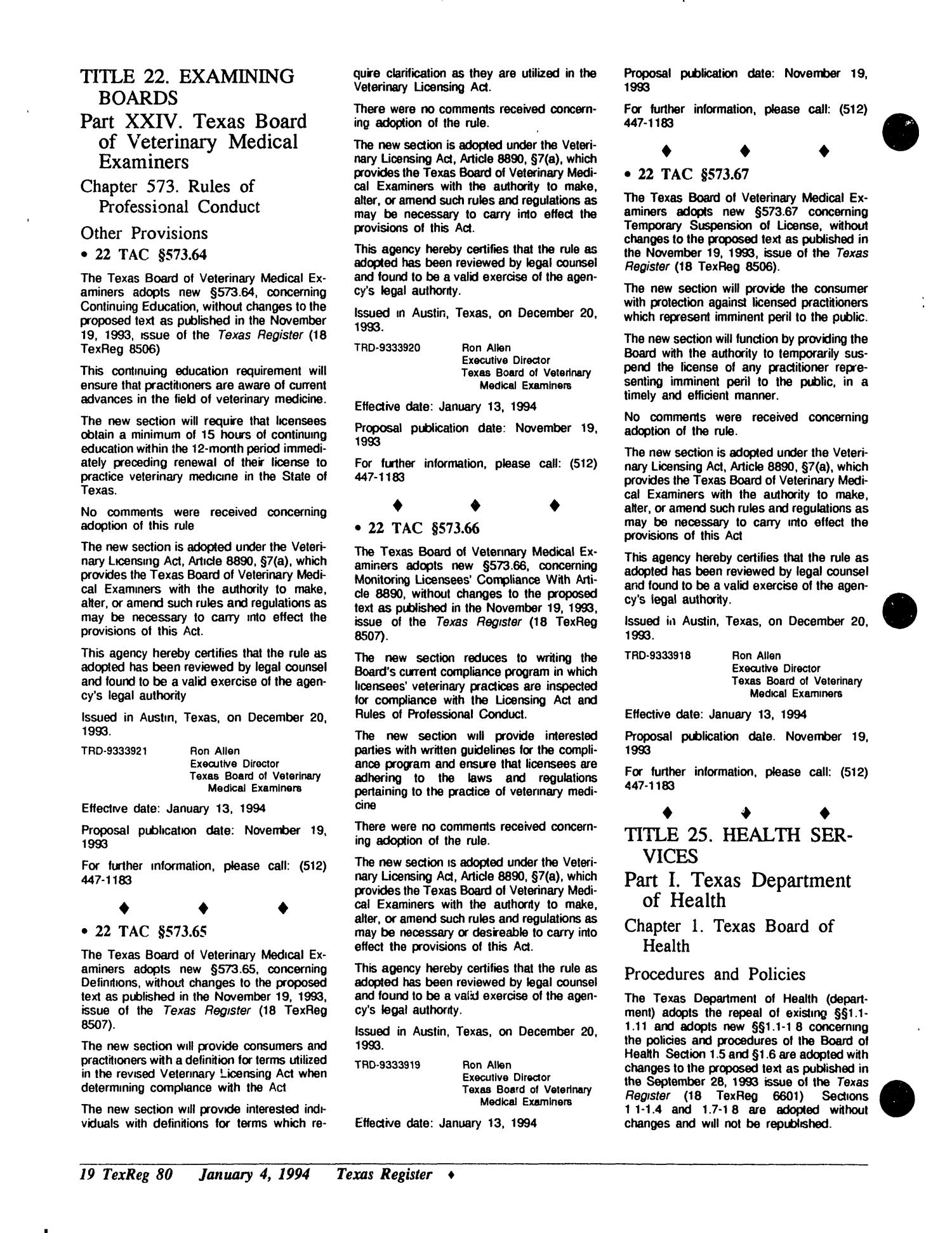 Texas Register, Volume 19, Number 1, Pages 1-129, January 4, 1994
                                                
                                                    80
                                                