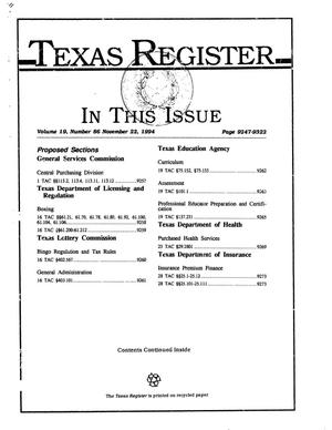 Primary view of object titled 'Texas Register, Volume 19, Number 86, Pages 9247-9322, November 22, 1994'.