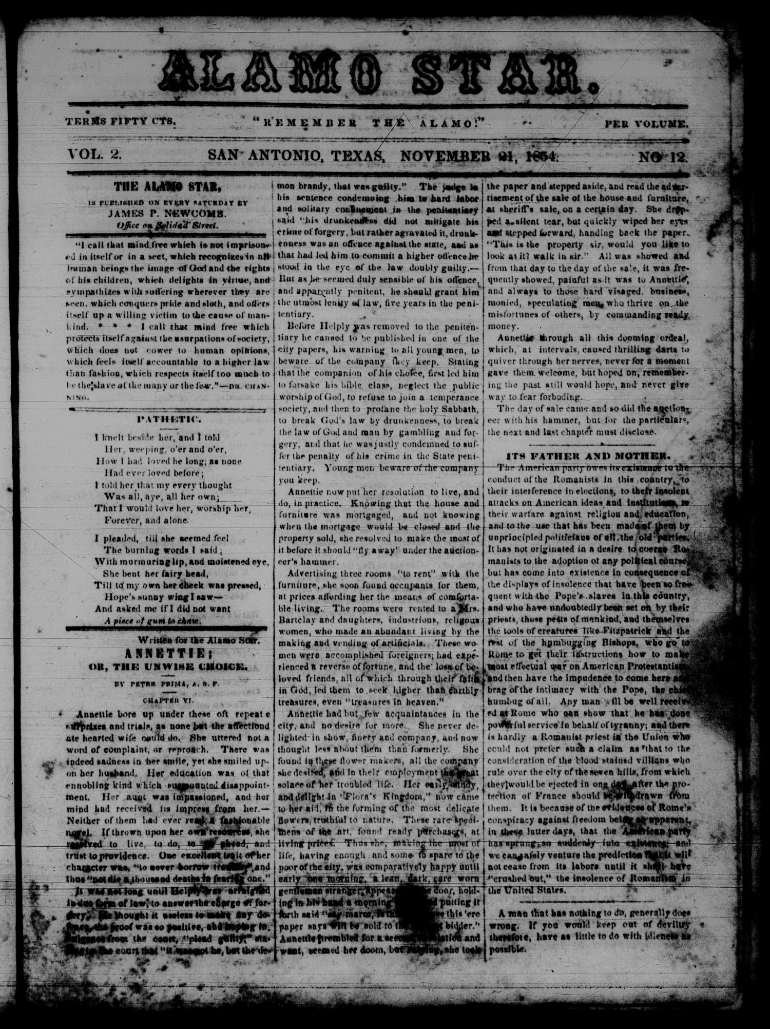 The Alamo Star (San Antonio, Tex.), Vol. 2, No. 12, Ed. 1 Tuesday, November 21, 1854
                                                
                                                    [Sequence #]: 1 of 4
                                                