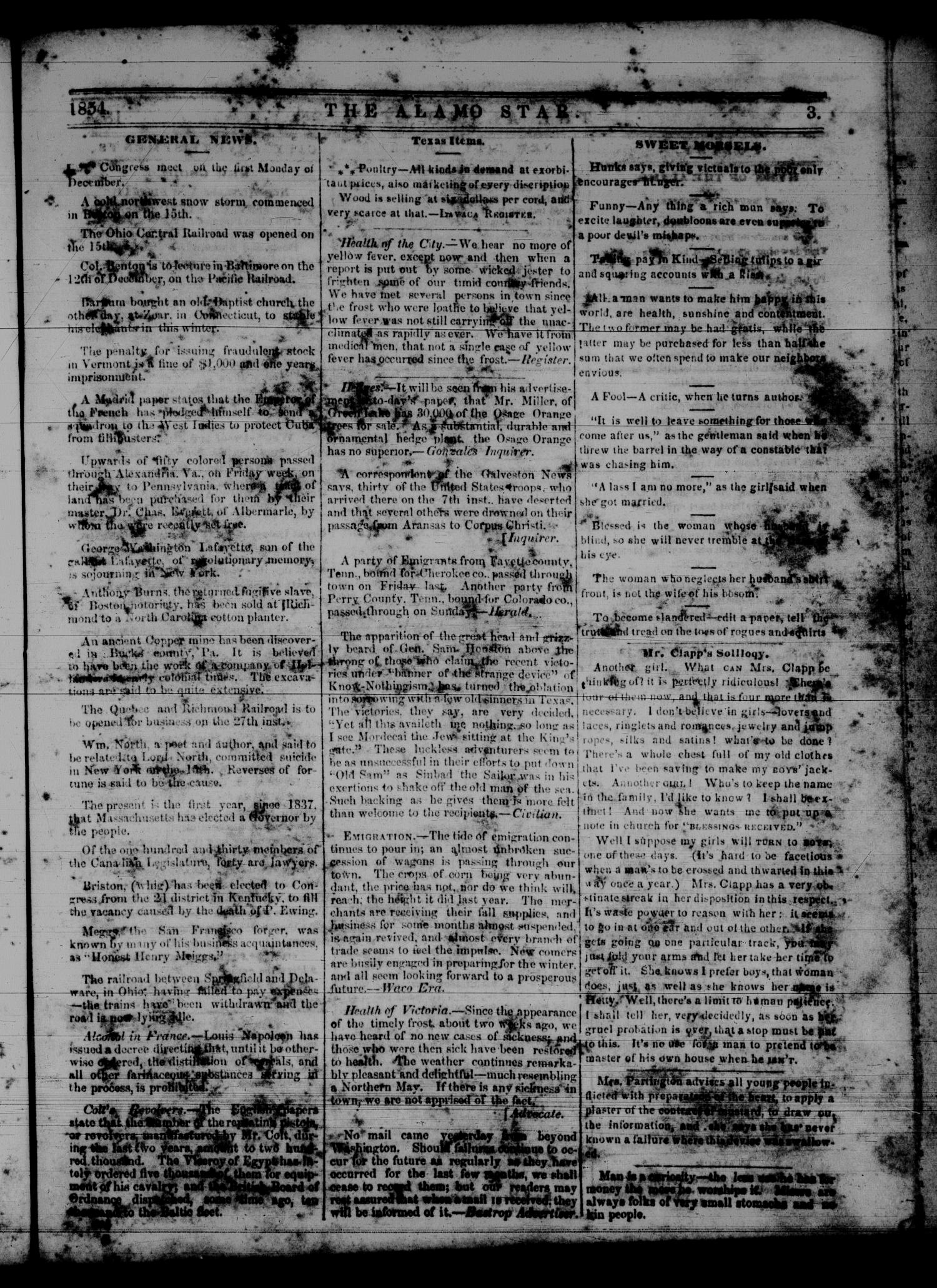 The Alamo Star (San Antonio, Tex.), Vol. 2, No. 15, Ed. 1 Monday, December 11, 1854
                                                
                                                    [Sequence #]: 3 of 4
                                                