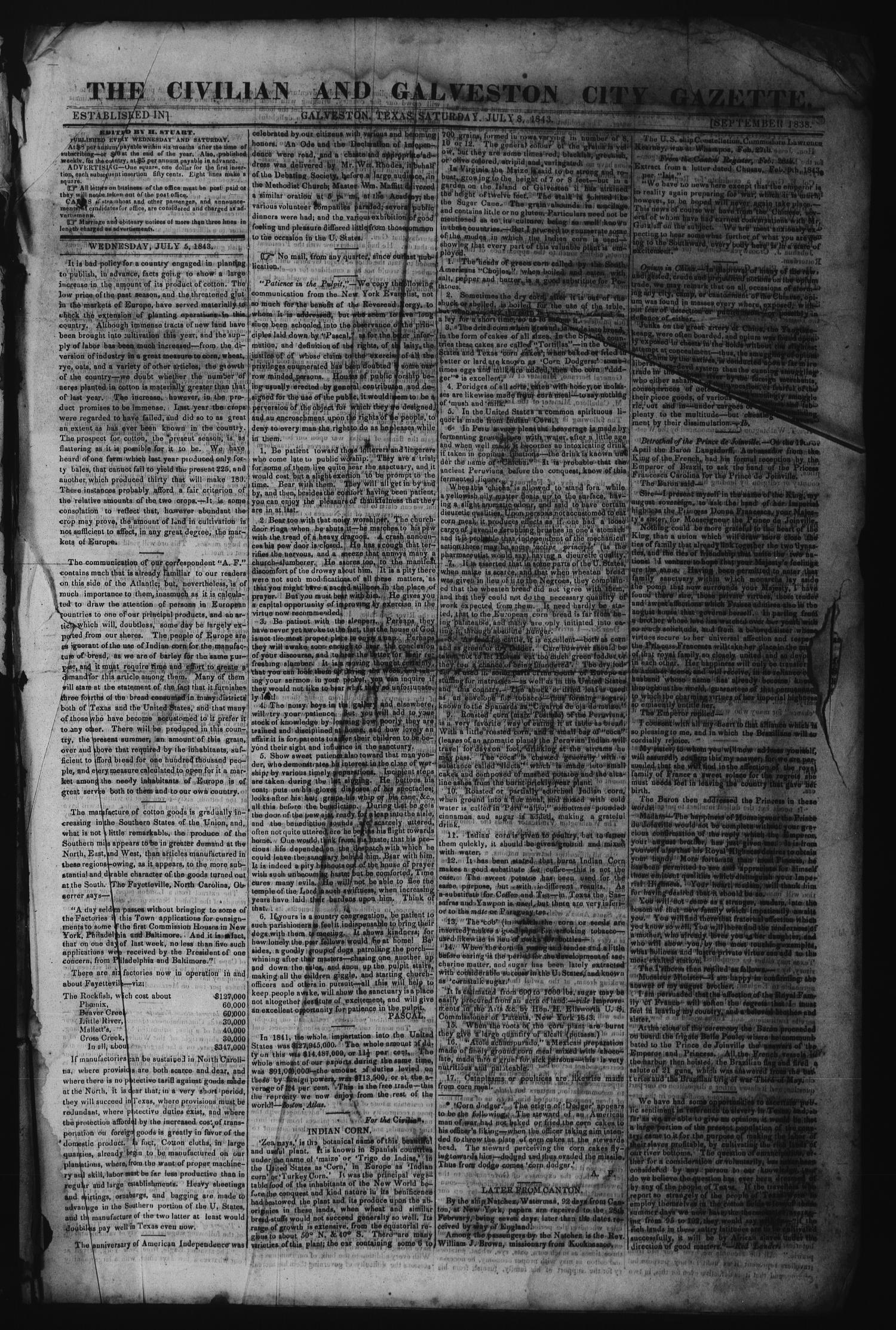 The Civilian and Galveston City Gazette. (Galveston, Tex.), Ed. 1 Saturday, July 8, 1843
                                                
                                                    [Sequence #]: 1 of 4
                                                