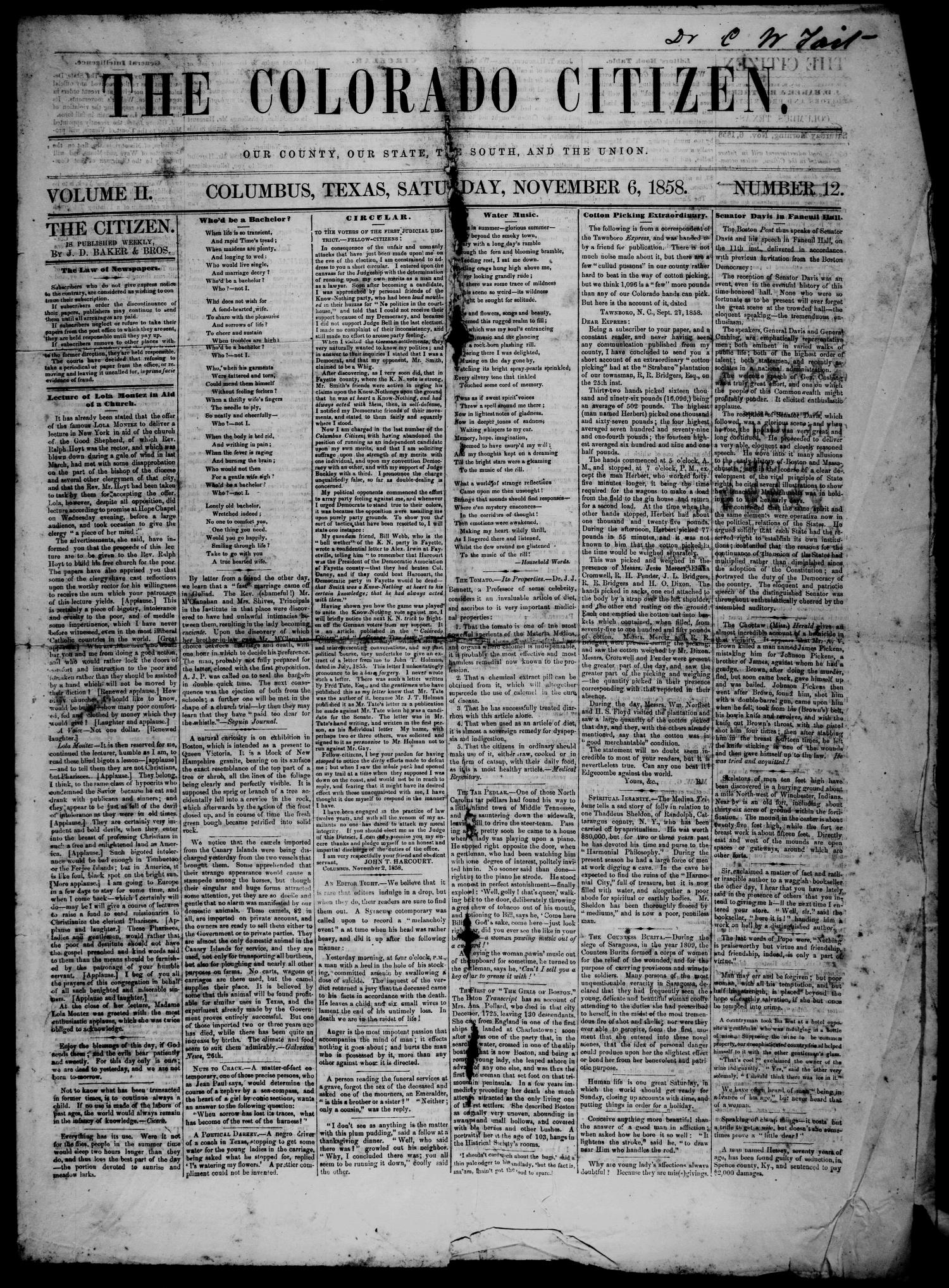 The Colorado Citizen (Columbus, Tex.), Vol. 2, No. 12, Ed. 1 Saturday, November 6, 1858
                                                
                                                    [Sequence #]: 1 of 4
                                                