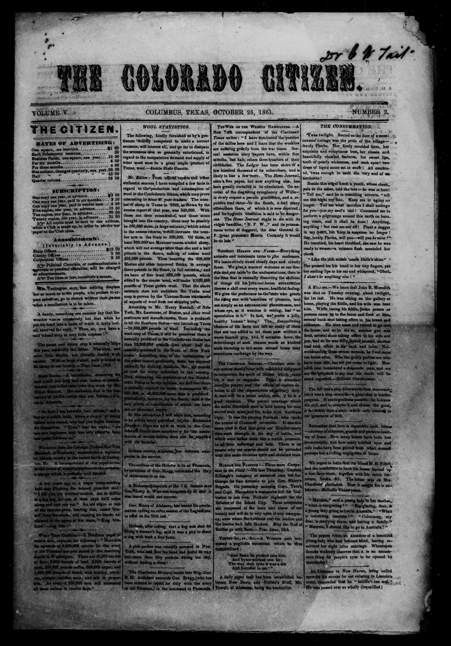 The Colorado Citizen (Columbus, Tex.), Vol. 5, No. 2, Ed. 1 Saturday, October 26, 1861
                                                
                                                    [Sequence #]: 1 of 4
                                                