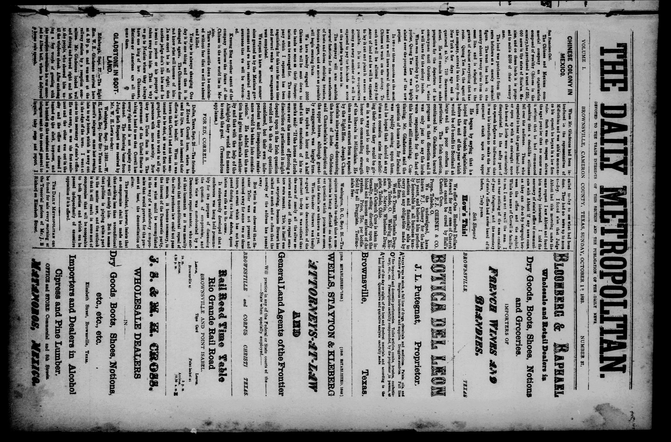 The Daily Metropolitan (Brownsville, Tex.), Vol. 1, No. 37, Ed. 1 Sunday, October 1, 1893
                                                
                                                    [Sequence #]: 1 of 4
                                                