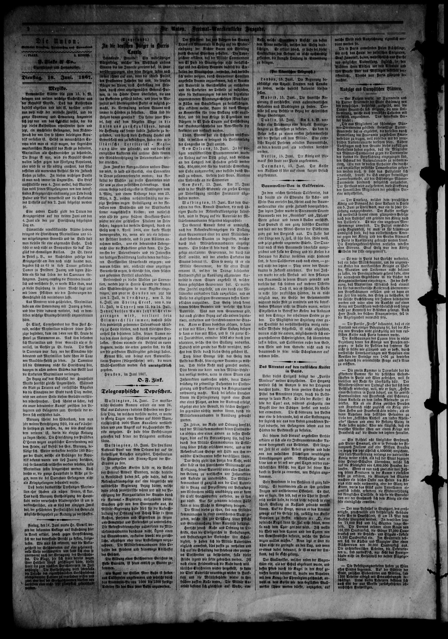 Die Union (Galveston, Tex.), Vol. 9, No. 101, Ed. 1 Tuesday, June 18, 1867
                                                
                                                    [Sequence #]: 2 of 4
                                                