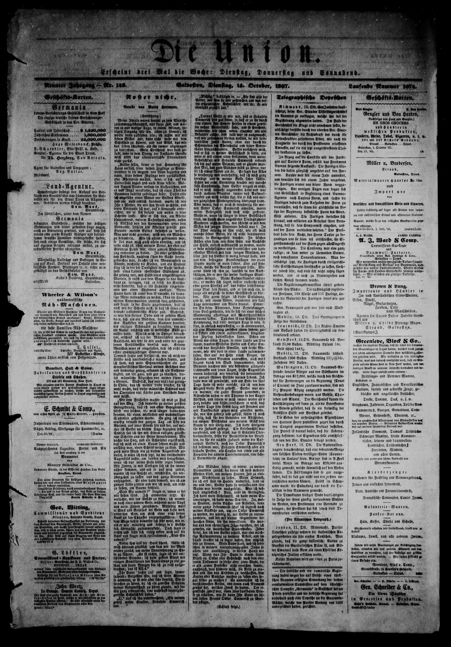 Die Union (Galveston, Tex.), Vol. 9, No. 148, Ed. 1 Tuesday, October 15, 1867
                                                
                                                    [Sequence #]: 1 of 4
                                                