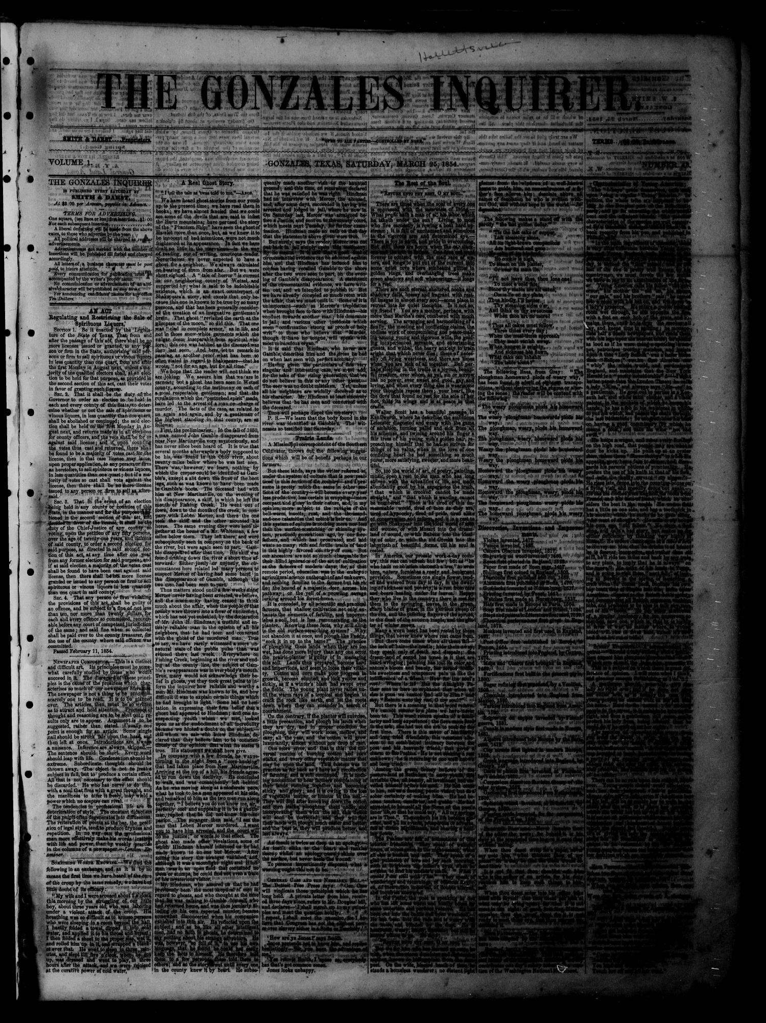 The Gonzales Inquirer (Gonzales, Tex.), Vol. 1, No. 43, Ed. 1 Saturday, March 25, 1854
                                                
                                                    [Sequence #]: 1 of 4
                                                