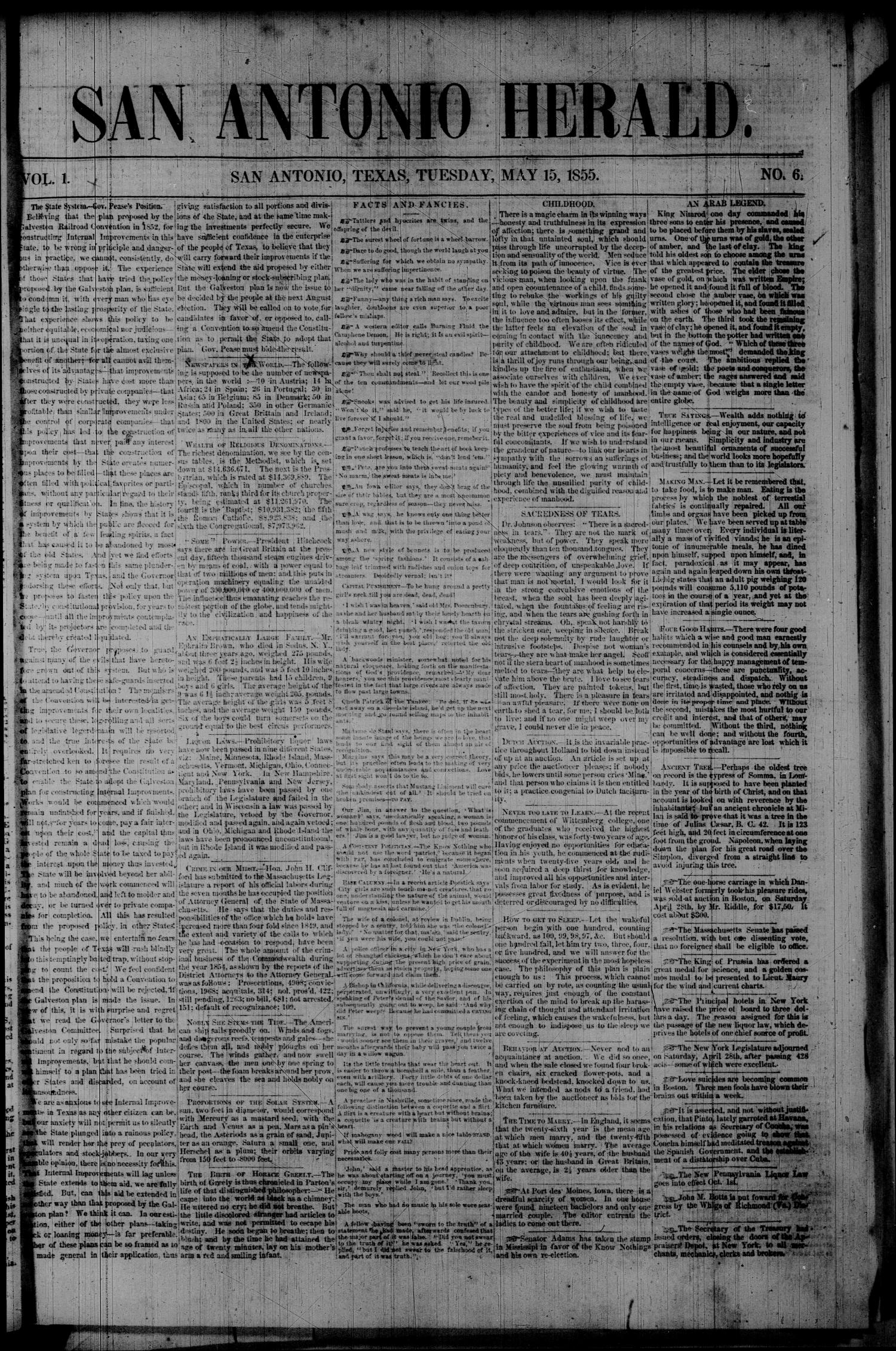 San Antonio Herald. (San Antonio, Tex.), Vol. 1, No. 6, Ed. 1 Tuesday, May 15, 1855
                                                
                                                    [Sequence #]: 1 of 4
                                                