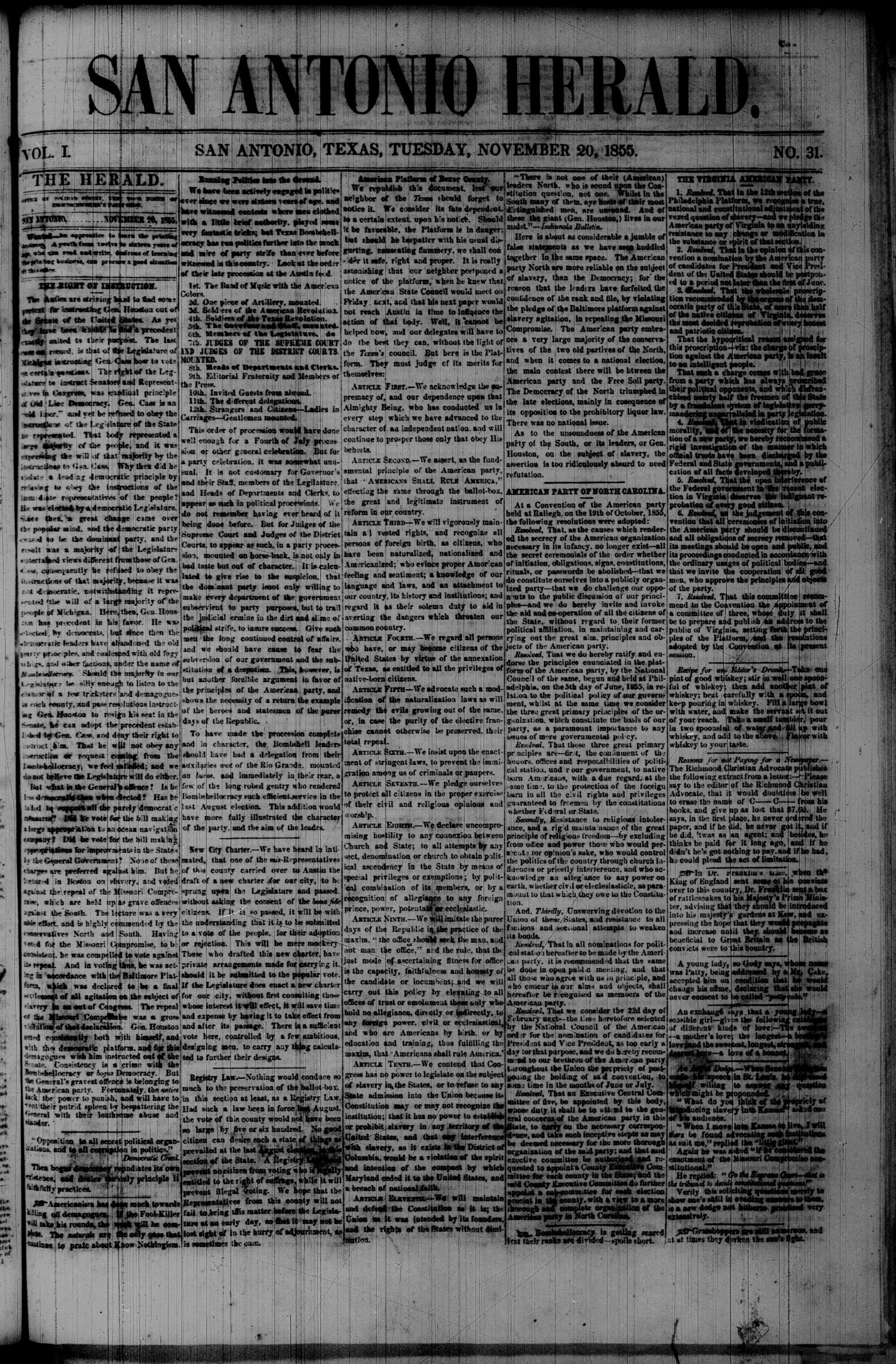 San Antonio Herald. (San Antonio, Tex.), Vol. 1, No. 31, Ed. 1 Tuesday, November 20, 1855
                                                
                                                    [Sequence #]: 1 of 4
                                                