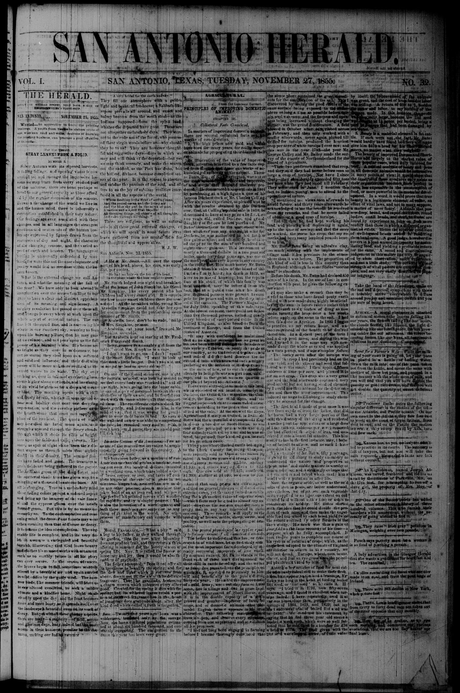 San Antonio Herald. (San Antonio, Tex.), Vol. 1, No. 32, Ed. 1 Tuesday, November 27, 1855
                                                
                                                    [Sequence #]: 1 of 4
                                                