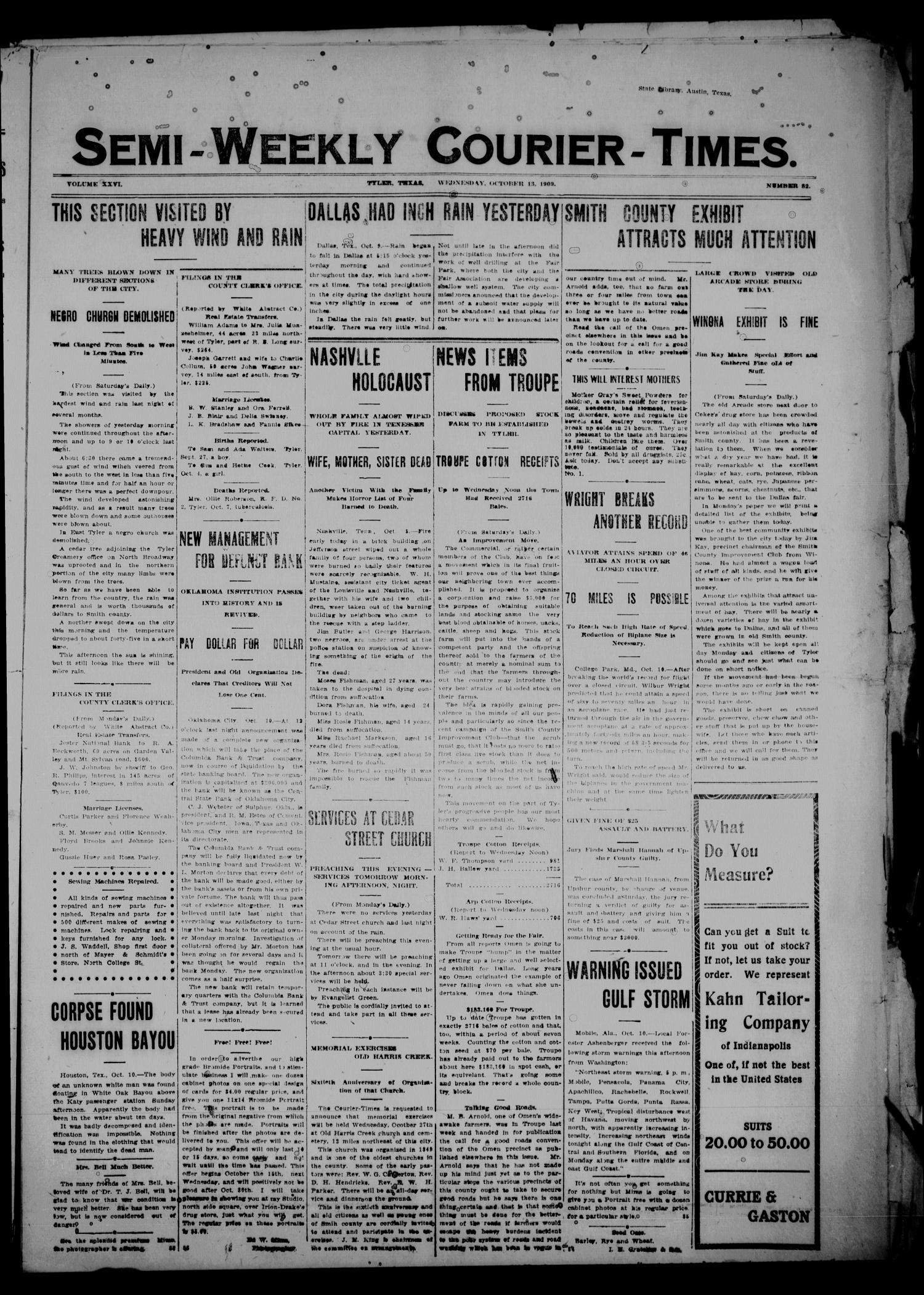 Semi-Weekly Courier-Times. (Tyler, Tex.), Vol. 26, No. 82, Ed. 1 Wednesday, October 13, 1909
                                                
                                                    [Sequence #]: 1 of 8
                                                
