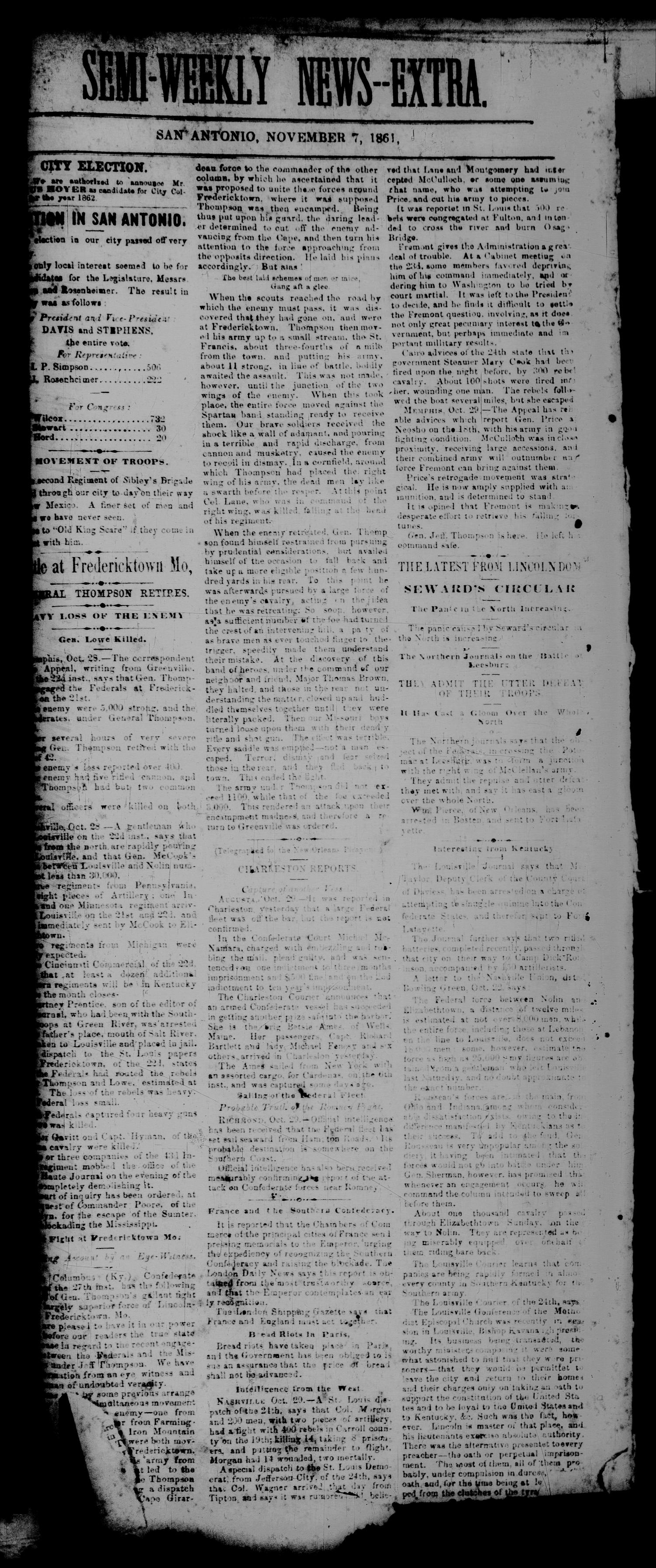 Semi-Weekly News -- Extra. (San Antonio, Tex.), Ed. 1 Thursday, November 7, 1861
                                                
                                                    [Sequence #]: 1 of 1
                                                
