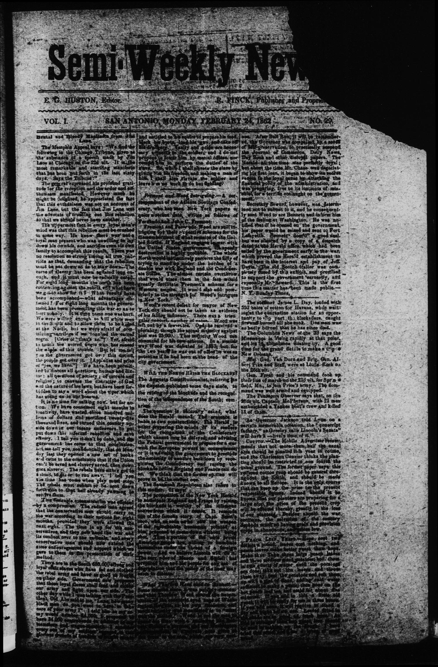 Semi-Weekly News. (San Antonio, Tex.), Vol. 1, No. 29, Ed. 1 Monday, February 24, 1862
                                                
                                                    [Sequence #]: 1 of 4
                                                