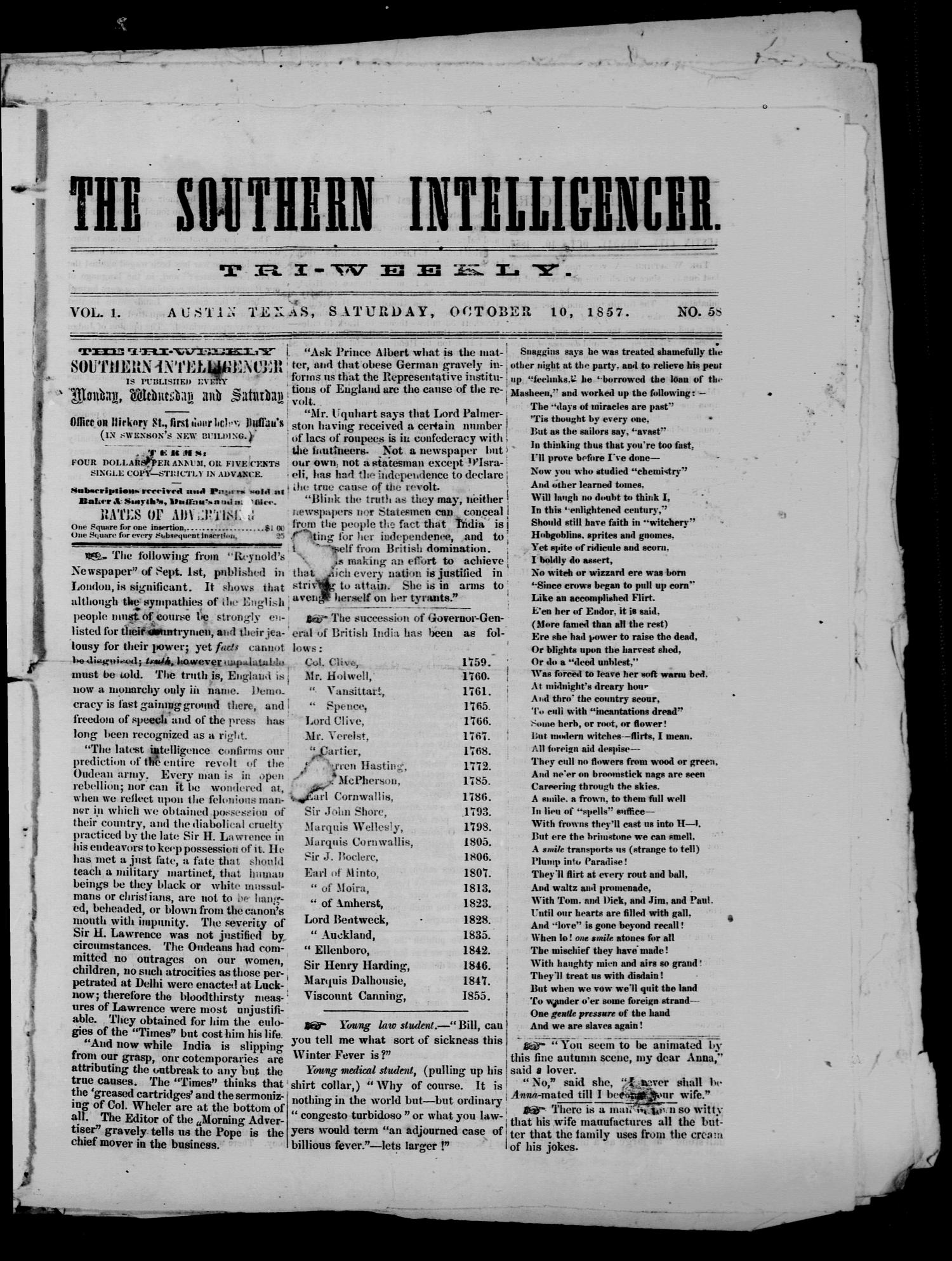 The Southern Intelligencer. Tri-Weekly. (Austin, Tex.), Vol. 1, No. 58, Ed. 1 Saturday, October 10, 1857
                                                
                                                    [Sequence #]: 1 of 4
                                                
