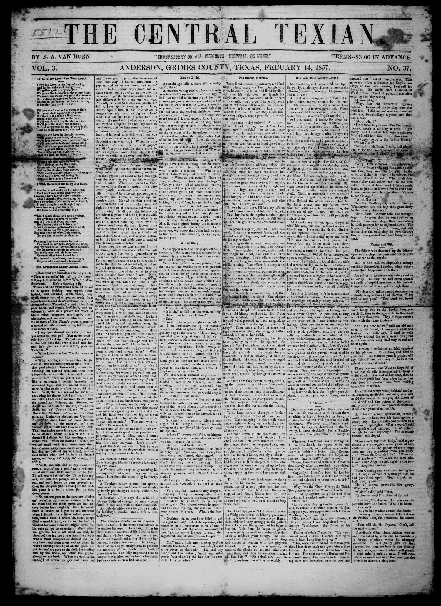 The Central Texian. (Anderson, Tex.), Vol. 3, No. 37, Ed. 1 Saturday, February 14, 1857
                                                
                                                    [Sequence #]: 1 of 4
                                                