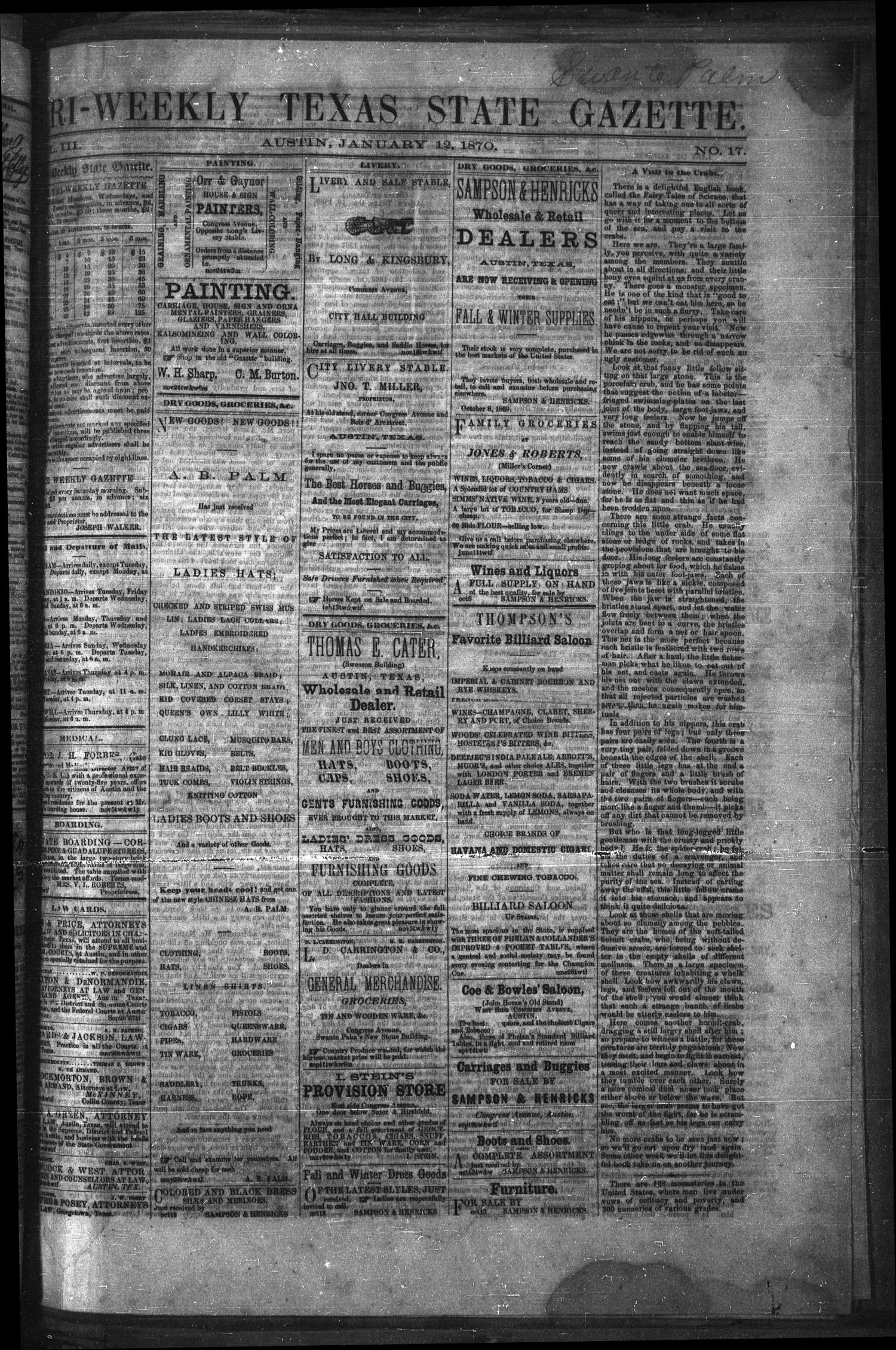Tri-Weekly Texas State Gazette. (Austin, Tex.), Vol. 3, No. 17, Ed. 1 Wednesday, January 12, 1870
                                                
                                                    [Sequence #]: 1 of 4
                                                