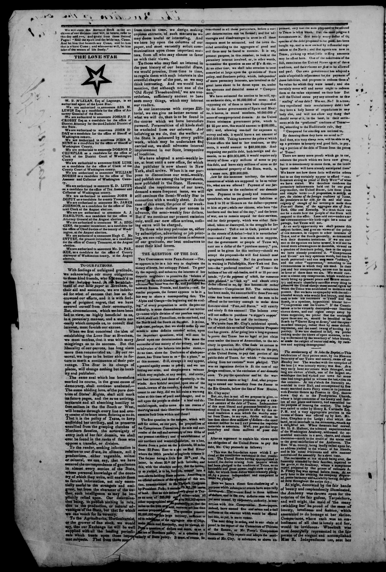 The Semi-Weekly Star. (Washington, Tex.), Vol. 1, No. 25, Ed. 1 Wednesday, June 26, 1850
                                                
                                                    [Sequence #]: 2 of 4
                                                