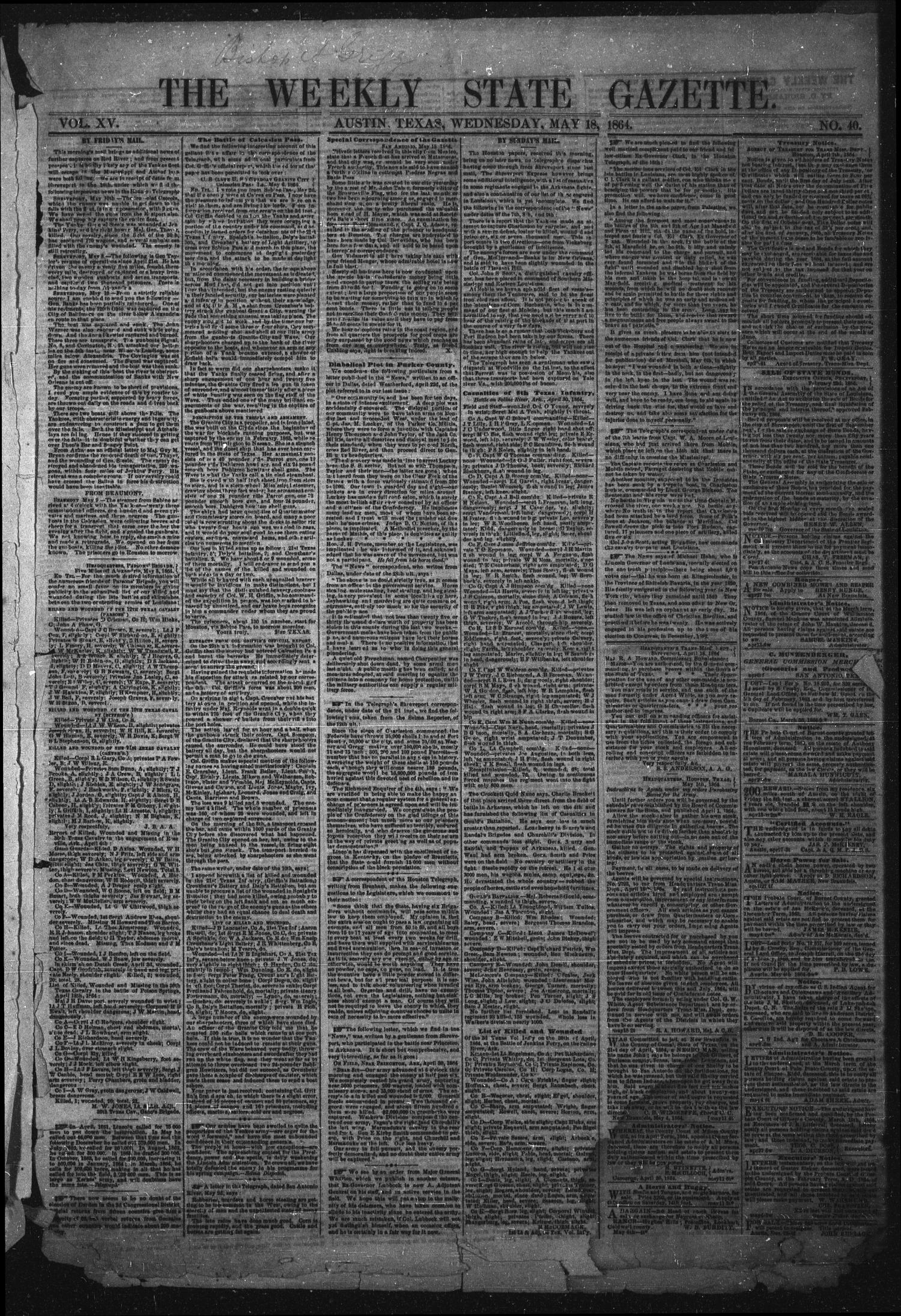 The Weekly State Gazette. (Austin, Tex.), Vol. 15, No. 40, Ed. 1 Wednesday, May 18, 1864
                                                
                                                    [Sequence #]: 1 of 2
                                                