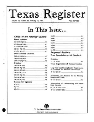 Primary view of object titled 'Texas Register, Volume 18, Number 12, Pages 907-986, February 12, 1993'.