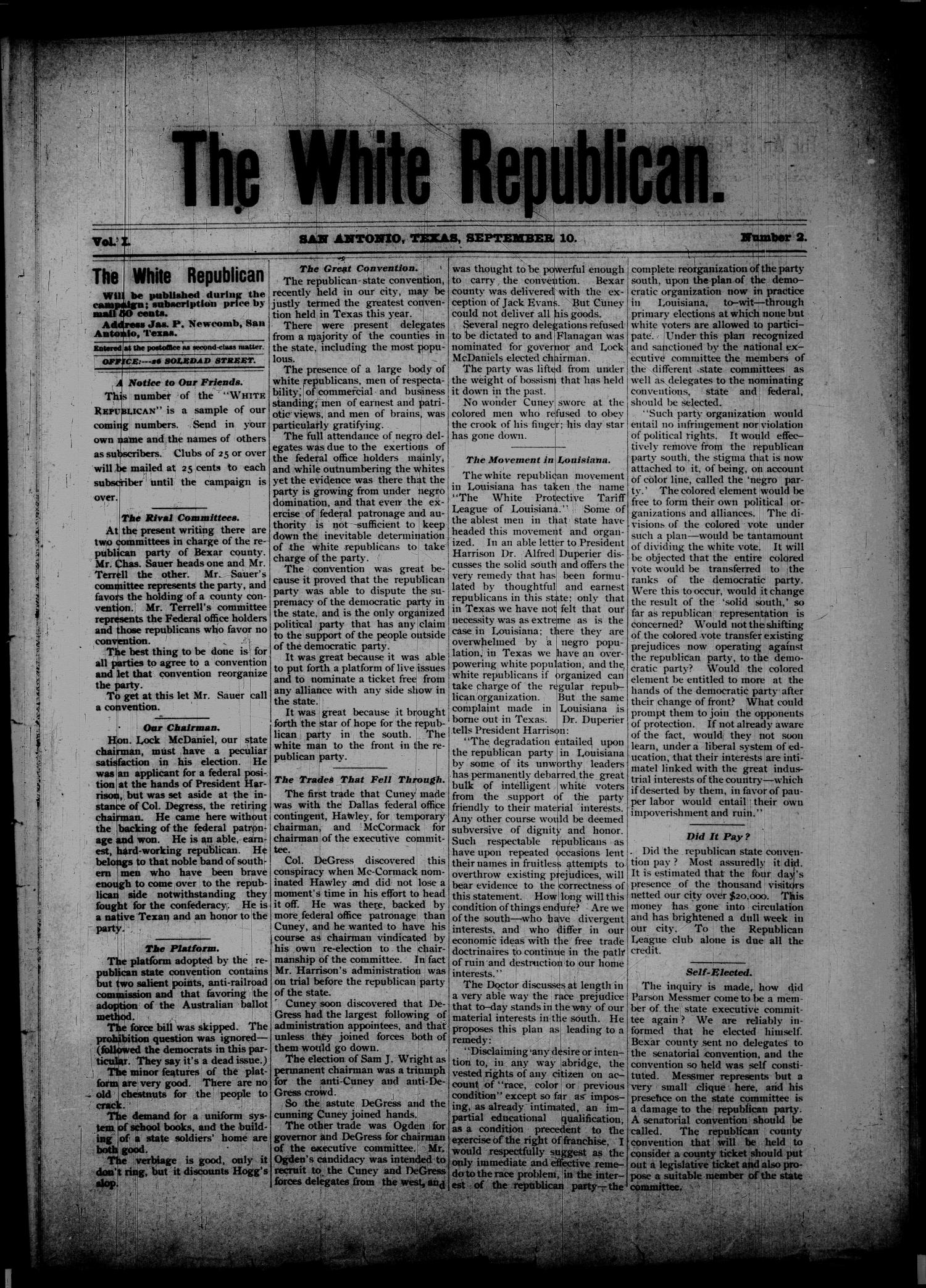 The White Republican. (San Antonio, Tex.), Vol. 1, No. 2, Ed. 1 Wednesday, September 10, 1890
                                                
                                                    [Sequence #]: 1 of 4
                                                