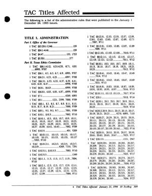 Primary view of object titled 'Texas Register: Annual Index January-December, 1993, Volume 18, Number 1-96, (Part I - TAC Titles Affected and Agency Guide), January 21, 1994'.